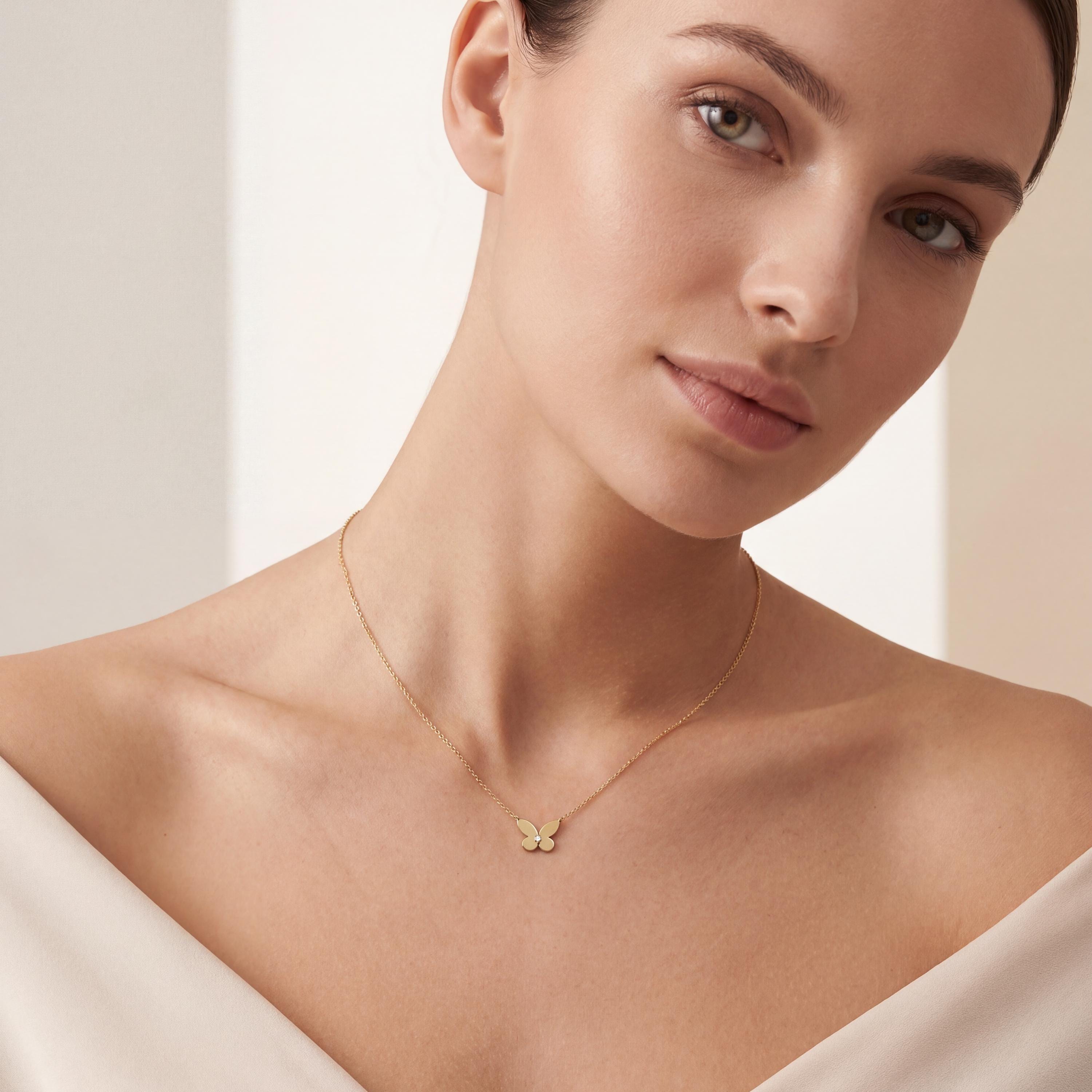 Round Solitaire Diamond Dainty Butterfly 14K Solid Gold Pendant Necklace