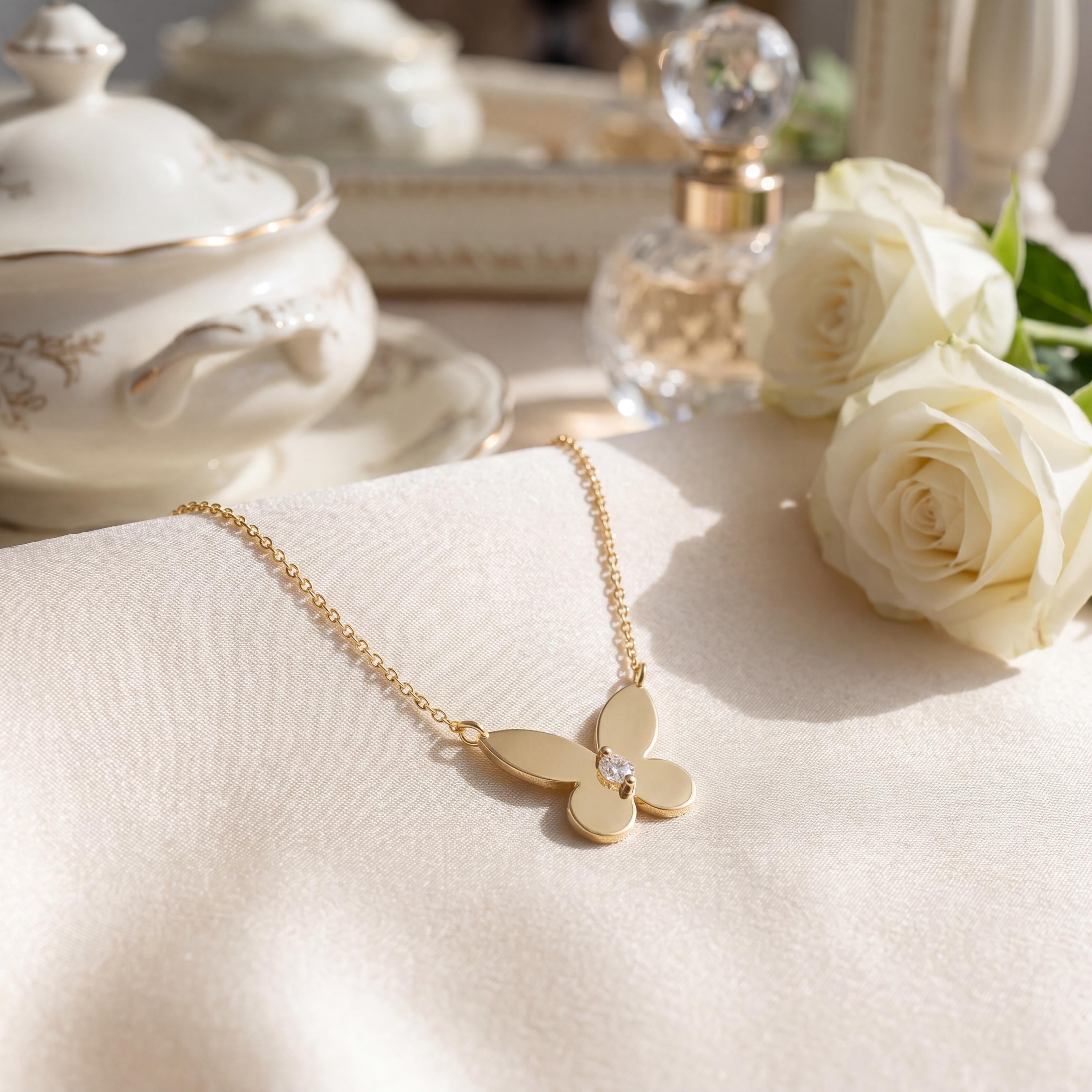 Round Solitaire Diamond Dainty Butterfly 14K Solid Gold Pendant Necklace