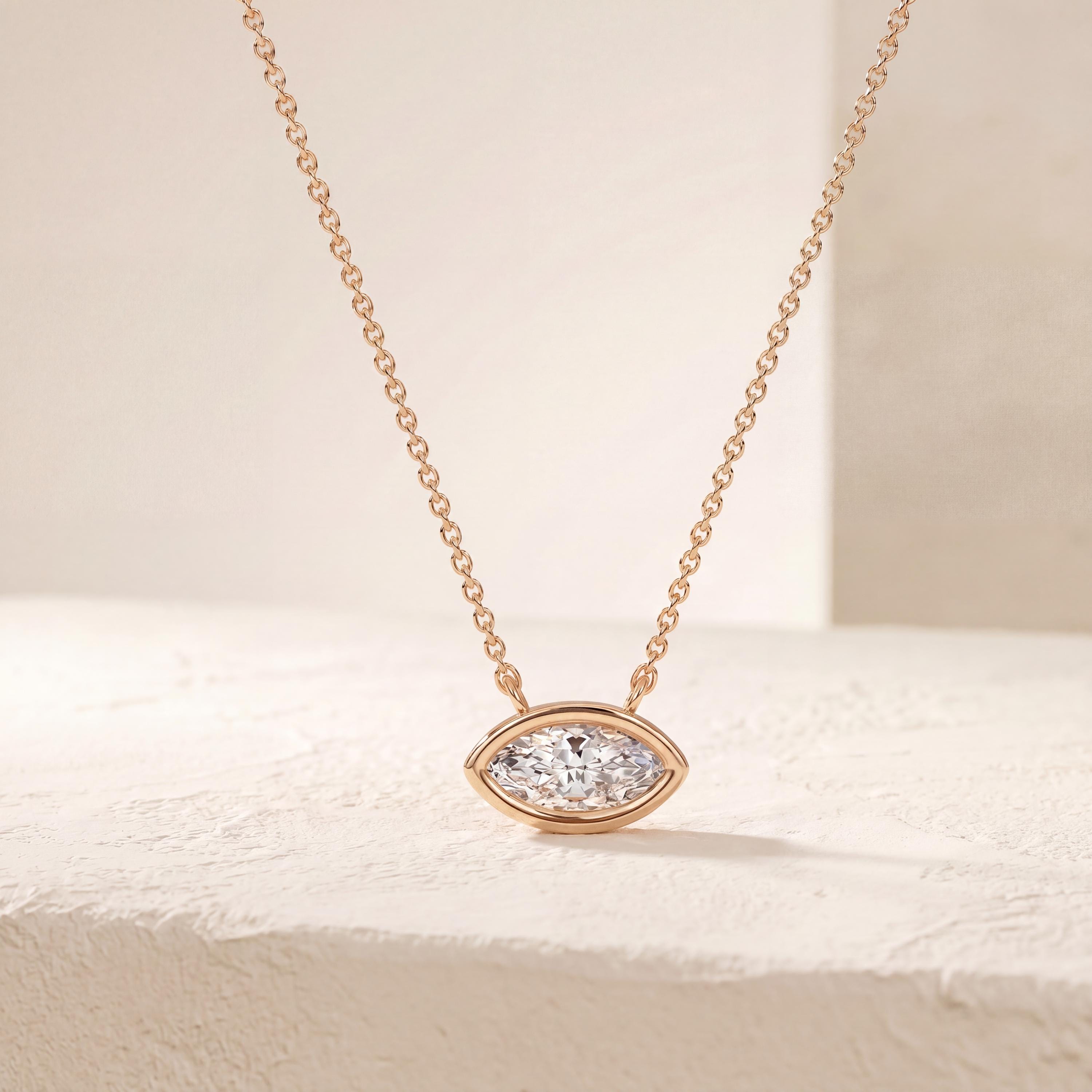 Marquise Solitaire Diamond Dainty Bezel Set 14K Solid Gold Pendant Necklace