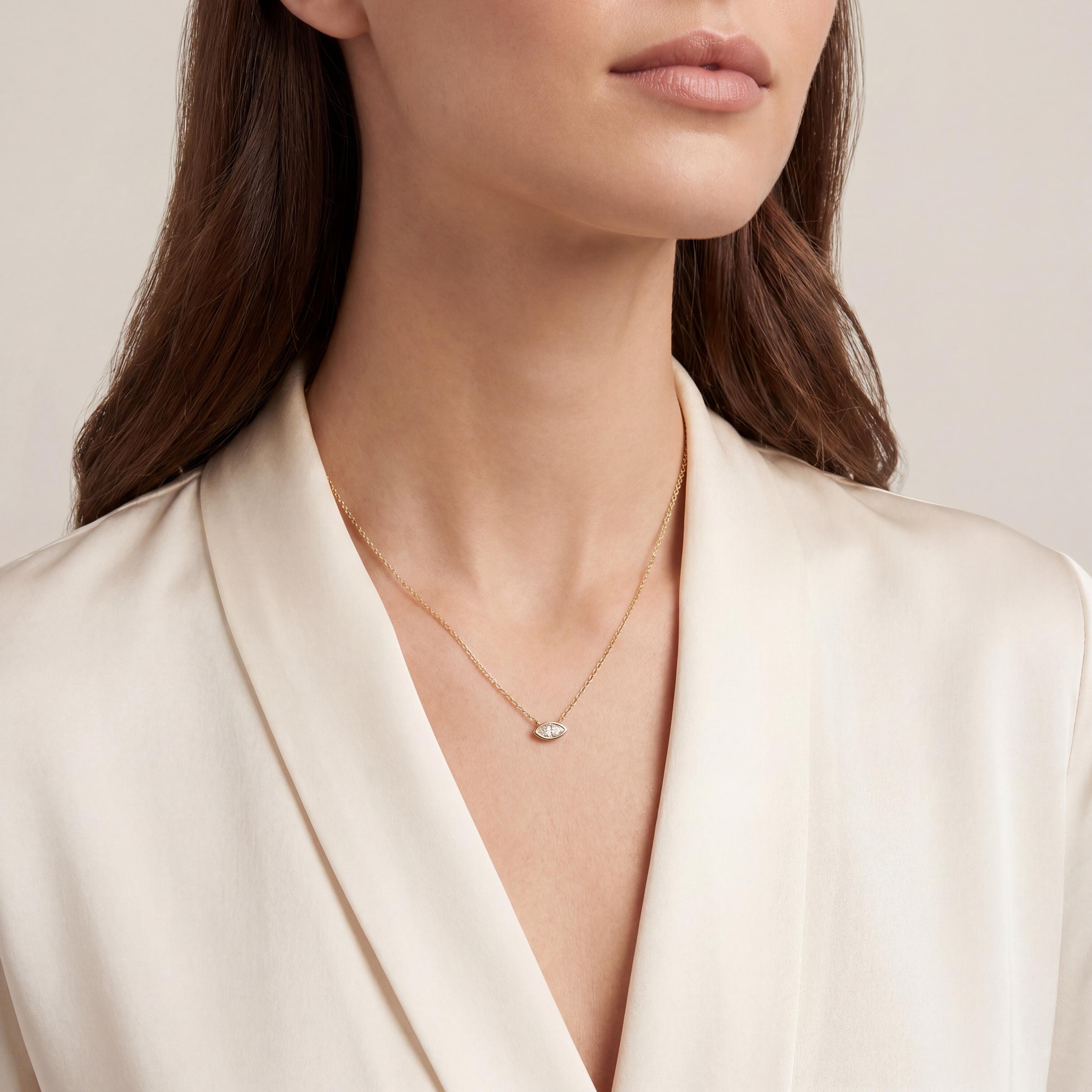 Marquise Solitaire Diamond Dainty Bezel Set 14K Solid Gold Pendant Necklace