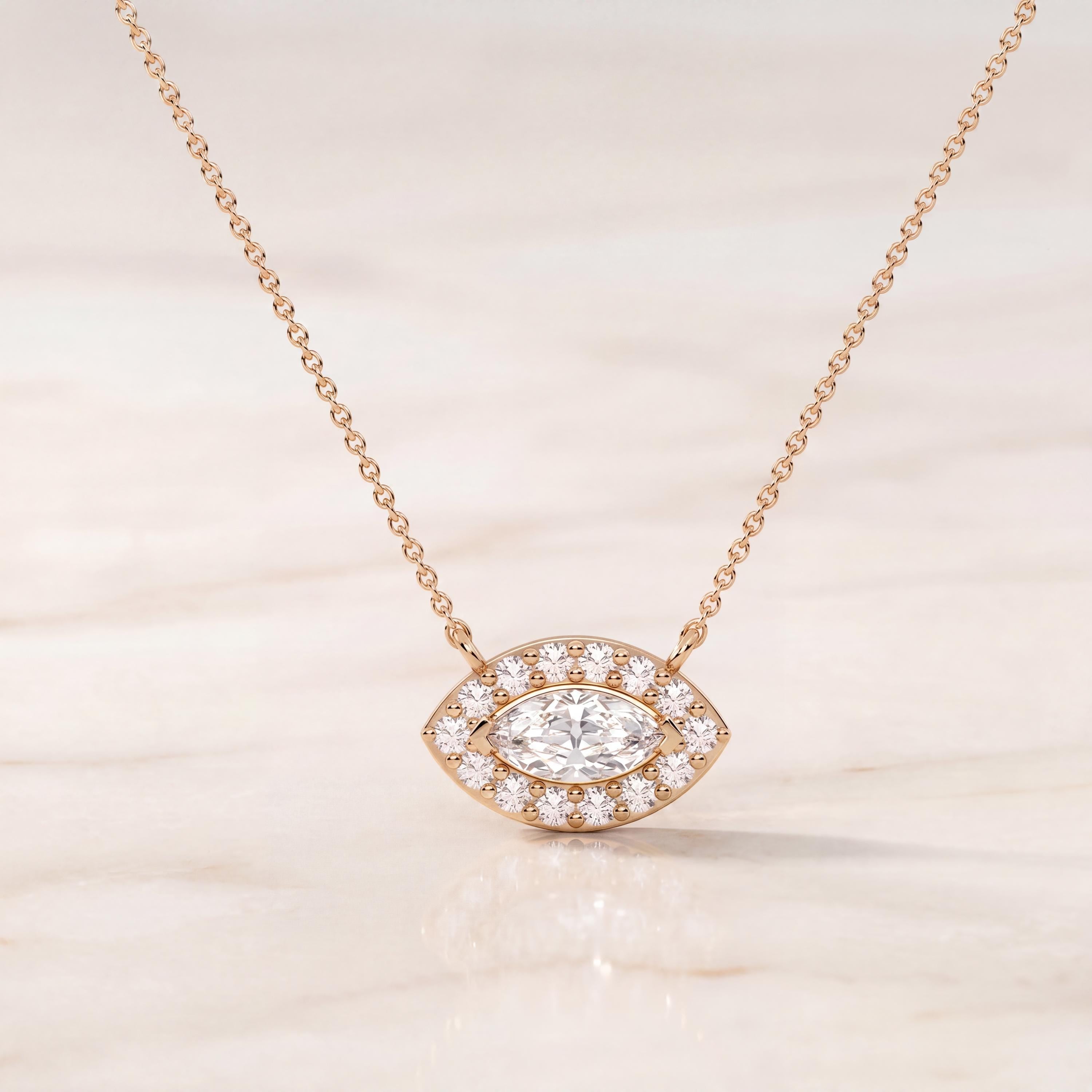 Marquise Diamond Halo Eye Shape 14K Solid Gold Pendant Necklace
