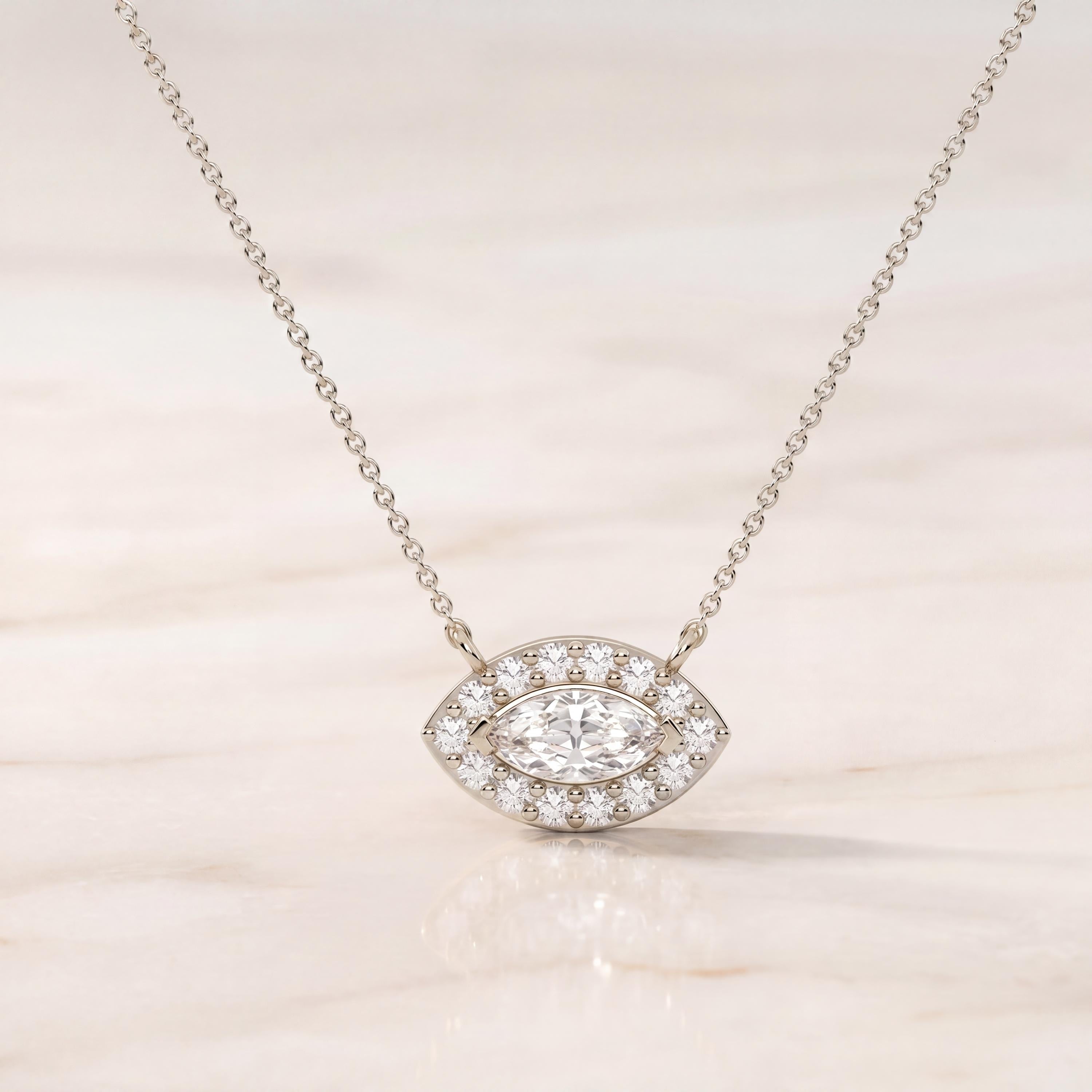 Marquise Diamond Halo Eye Shape 14K Solid Gold Pendant Necklace