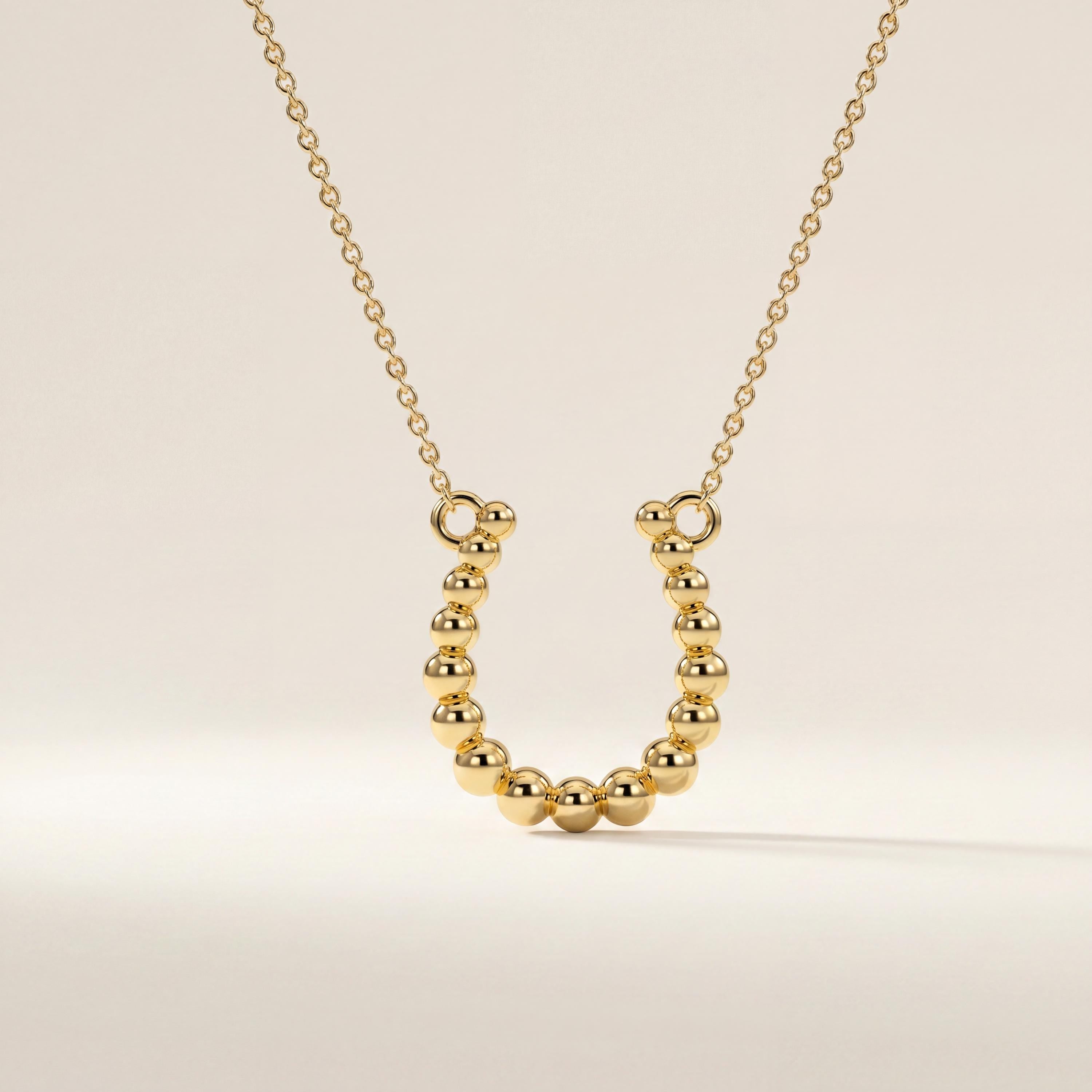 Beaded Round Dainty 14K Solid Gold Horseshoe Pendant Necklace