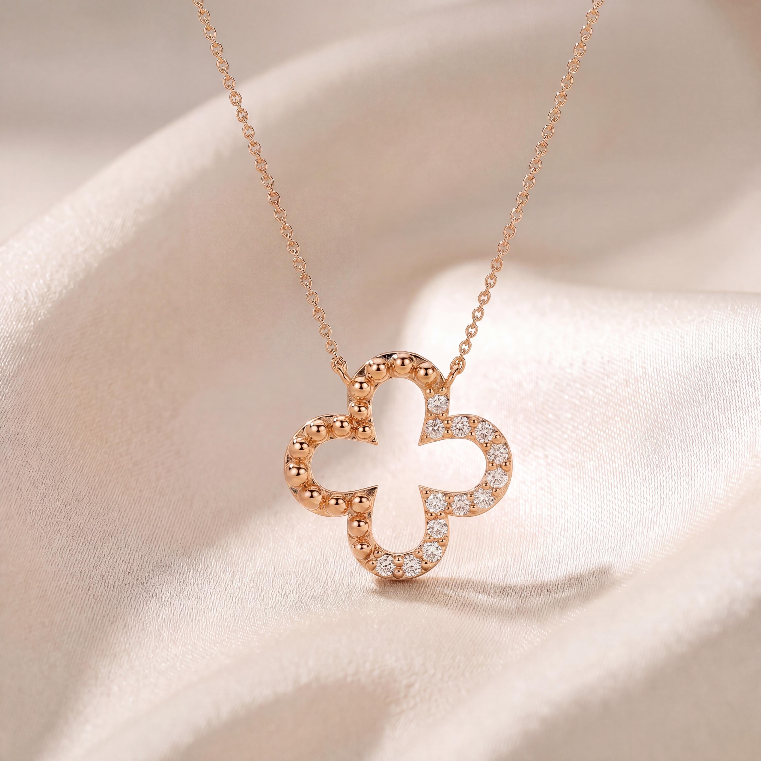 Diamond & Beaded Clover Leaf 14K Solid Gold Pendant Necklace