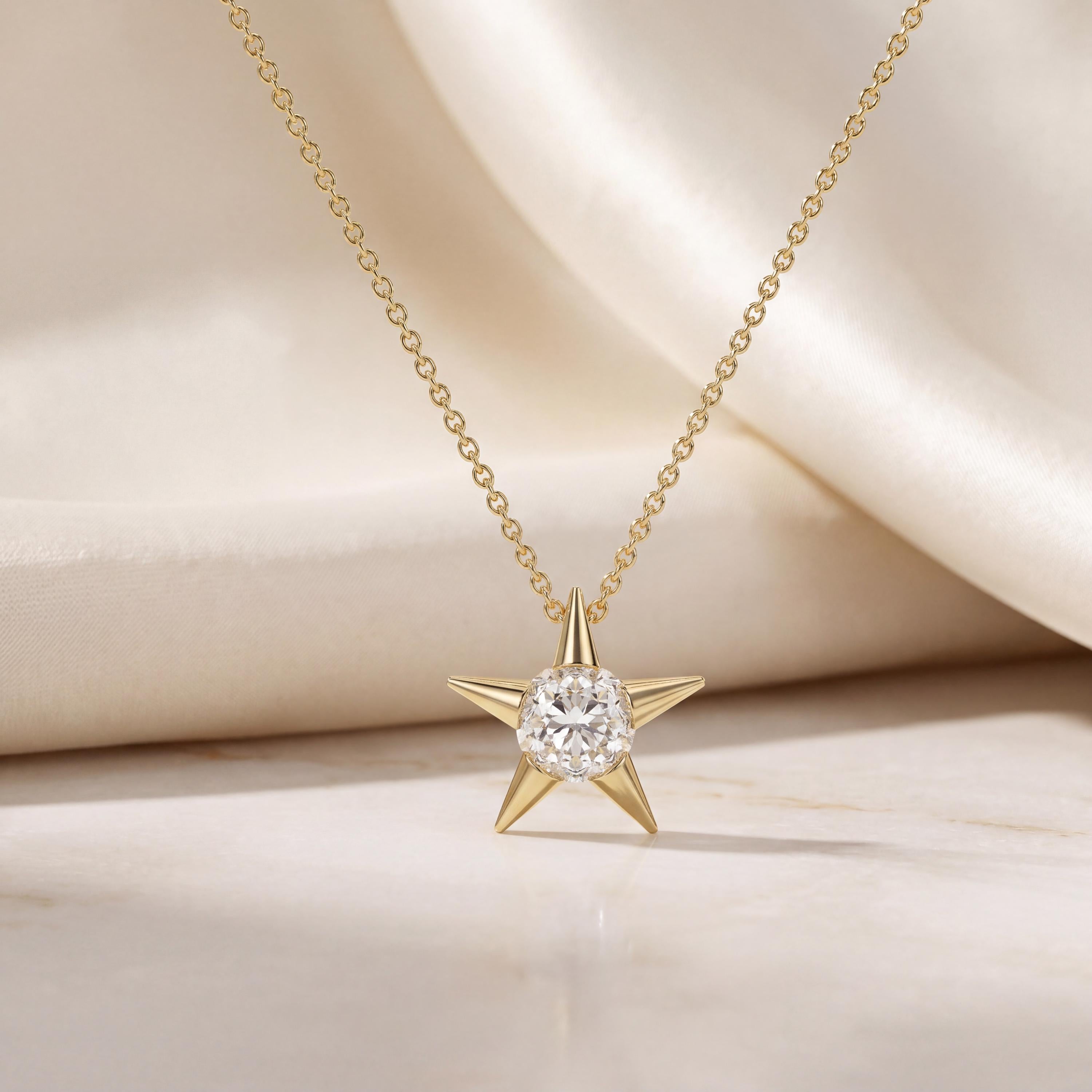Round Solitaire Diamond Dainty Star 14K Solid Gold Pendant Necklace