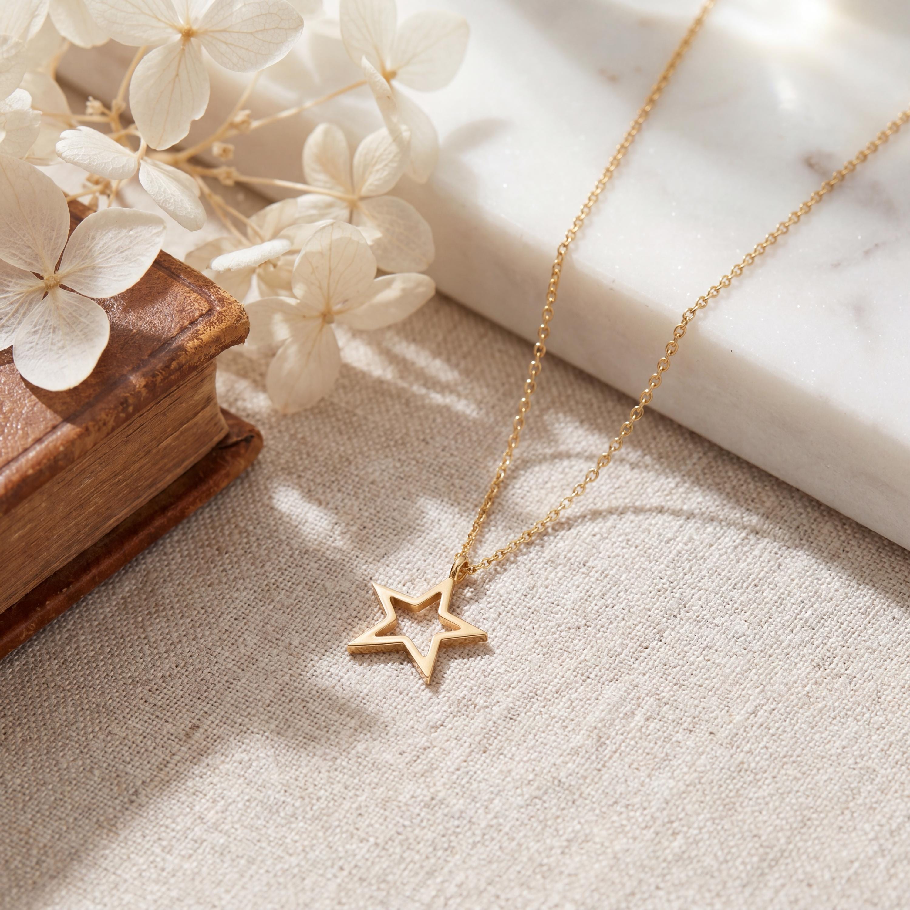 Open Star Dainty 14K Solid Gold Pendant Necklace