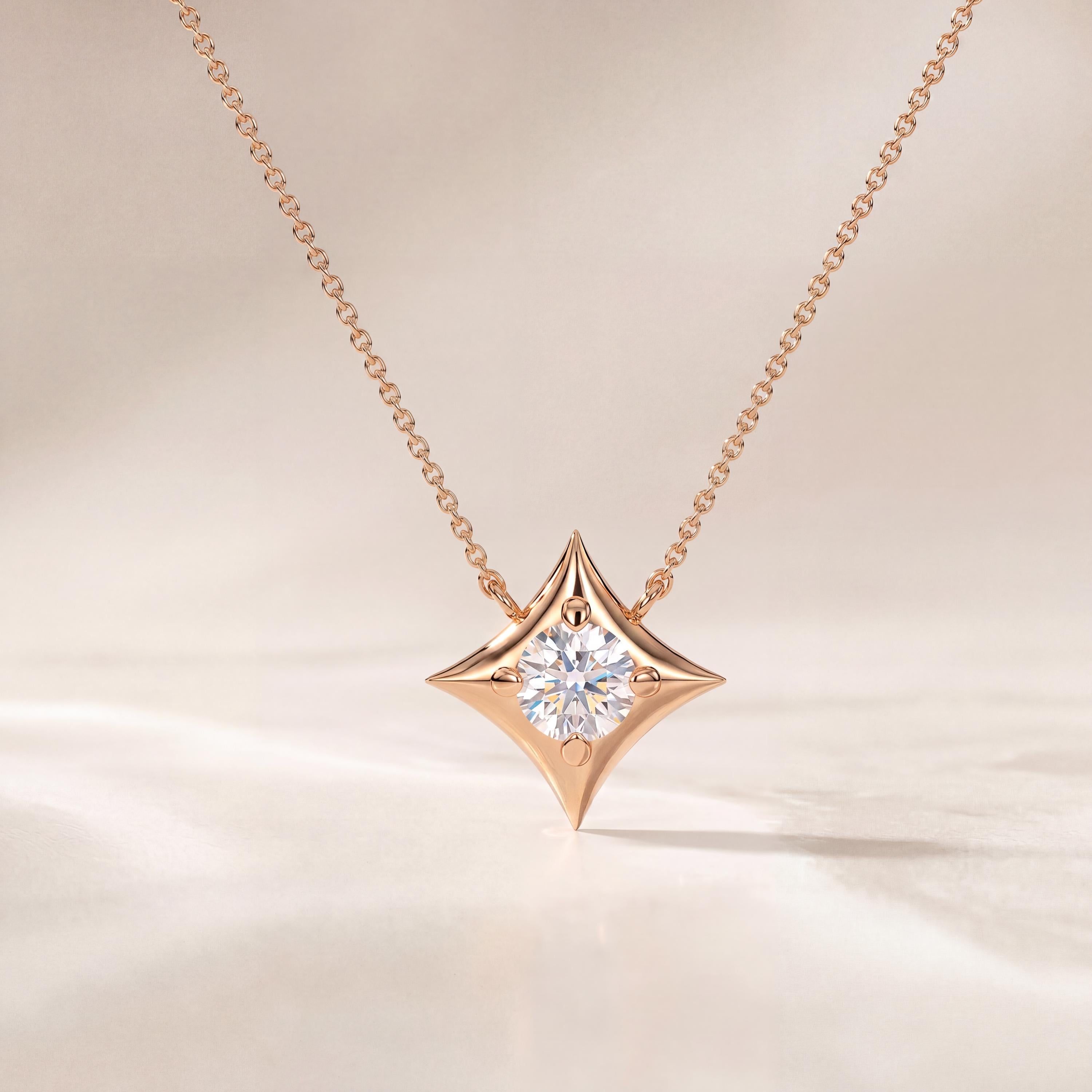Round Solitaire Diamond Four Point Dainty Star 14K Solid Gold Pendant Necklace