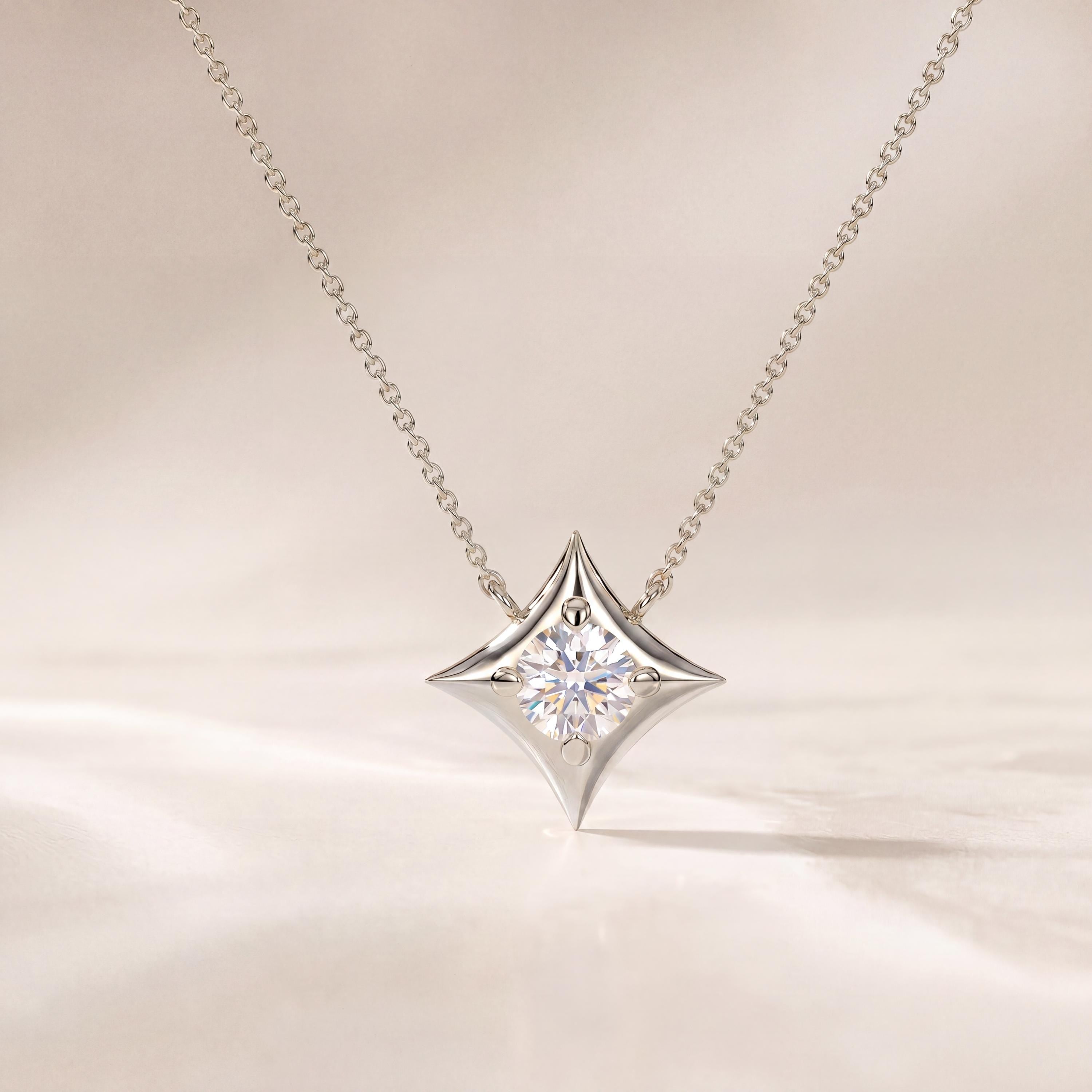 Round Solitaire Diamond Four Point Dainty Star 14K Solid Gold Pendant Necklace