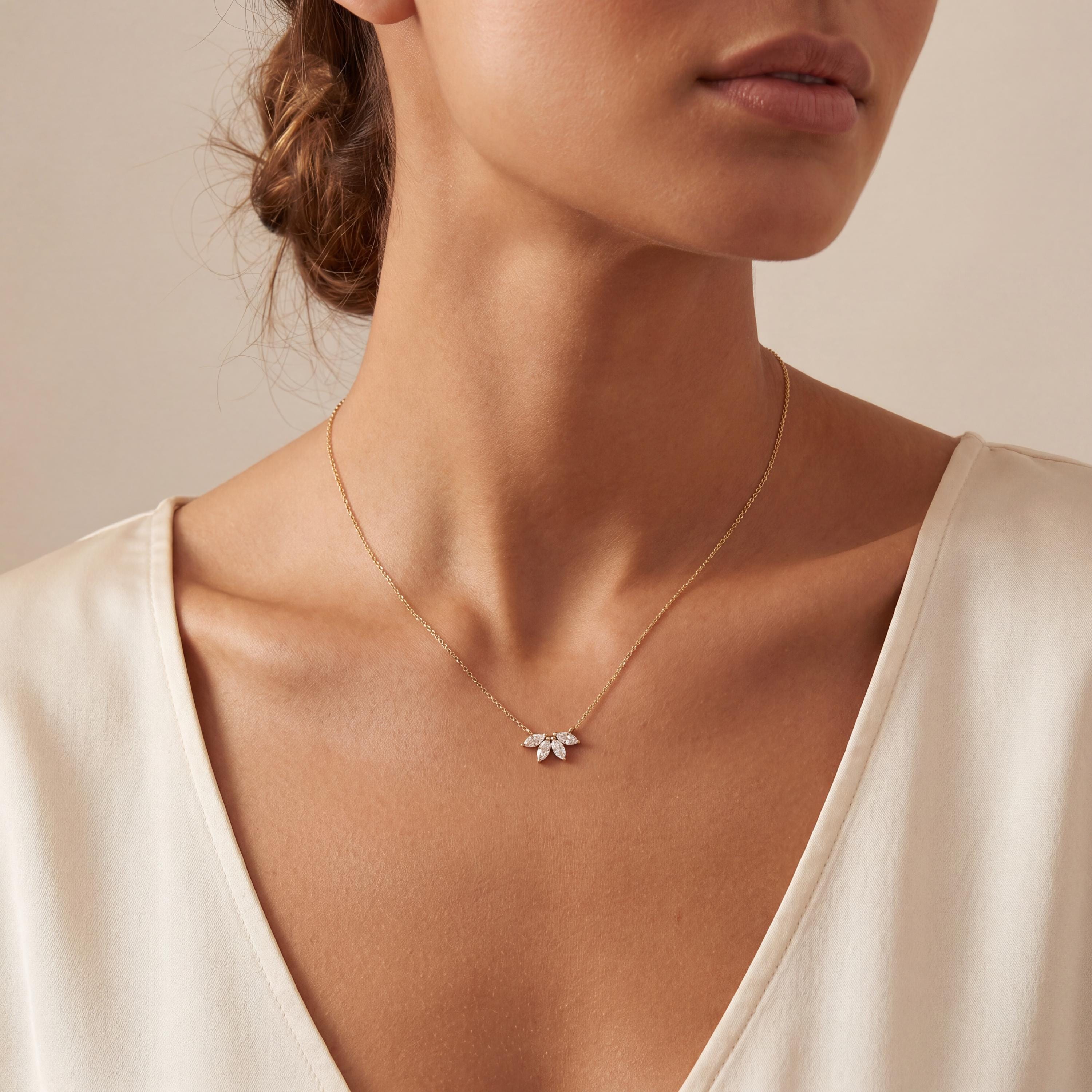 Five Stone Marquise Diamond Cluster Pendant Necklace 14K Solid Gold