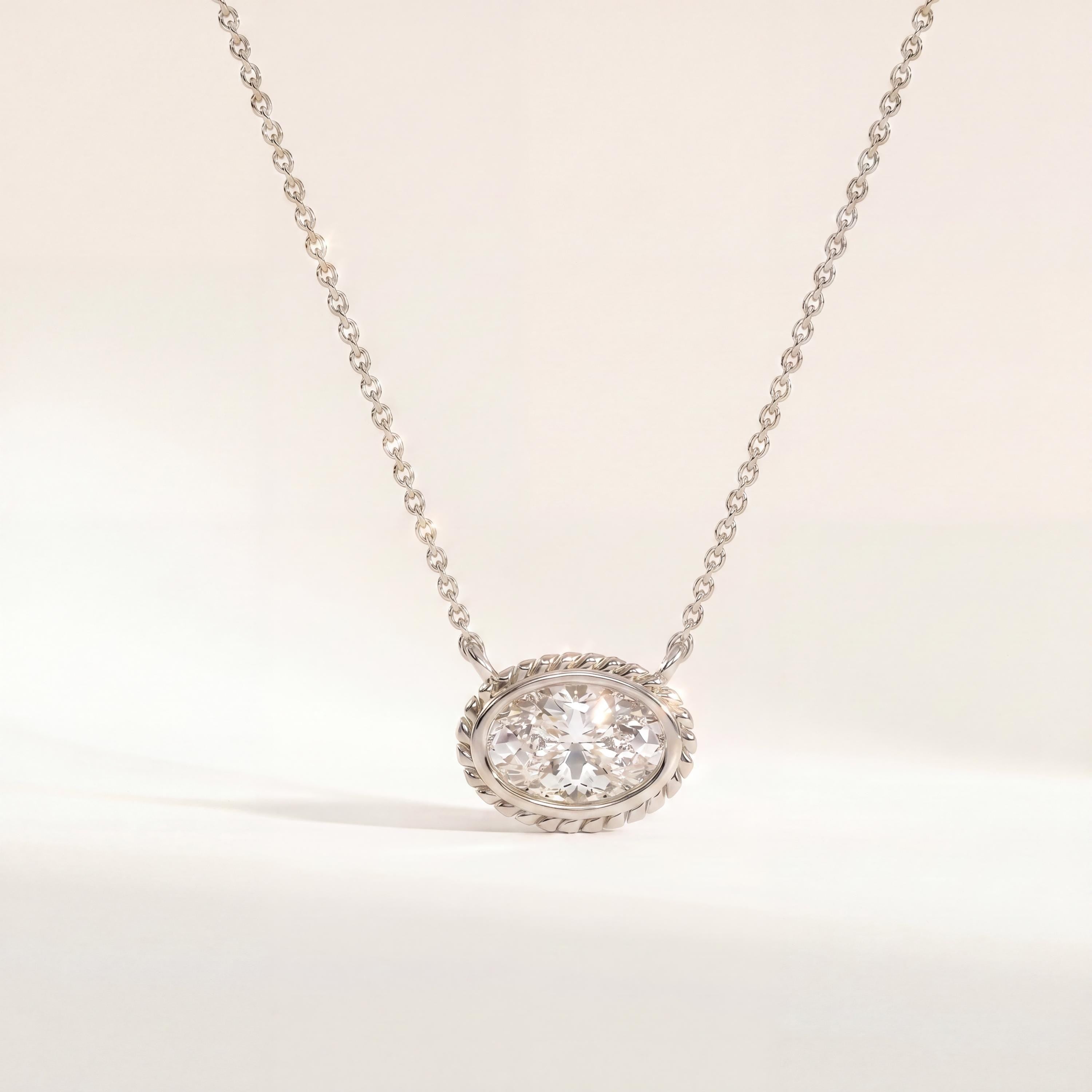Oval Diamond Solitaire Bezel Set Halo Rope 14K Solid Gold Pendant Necklace
