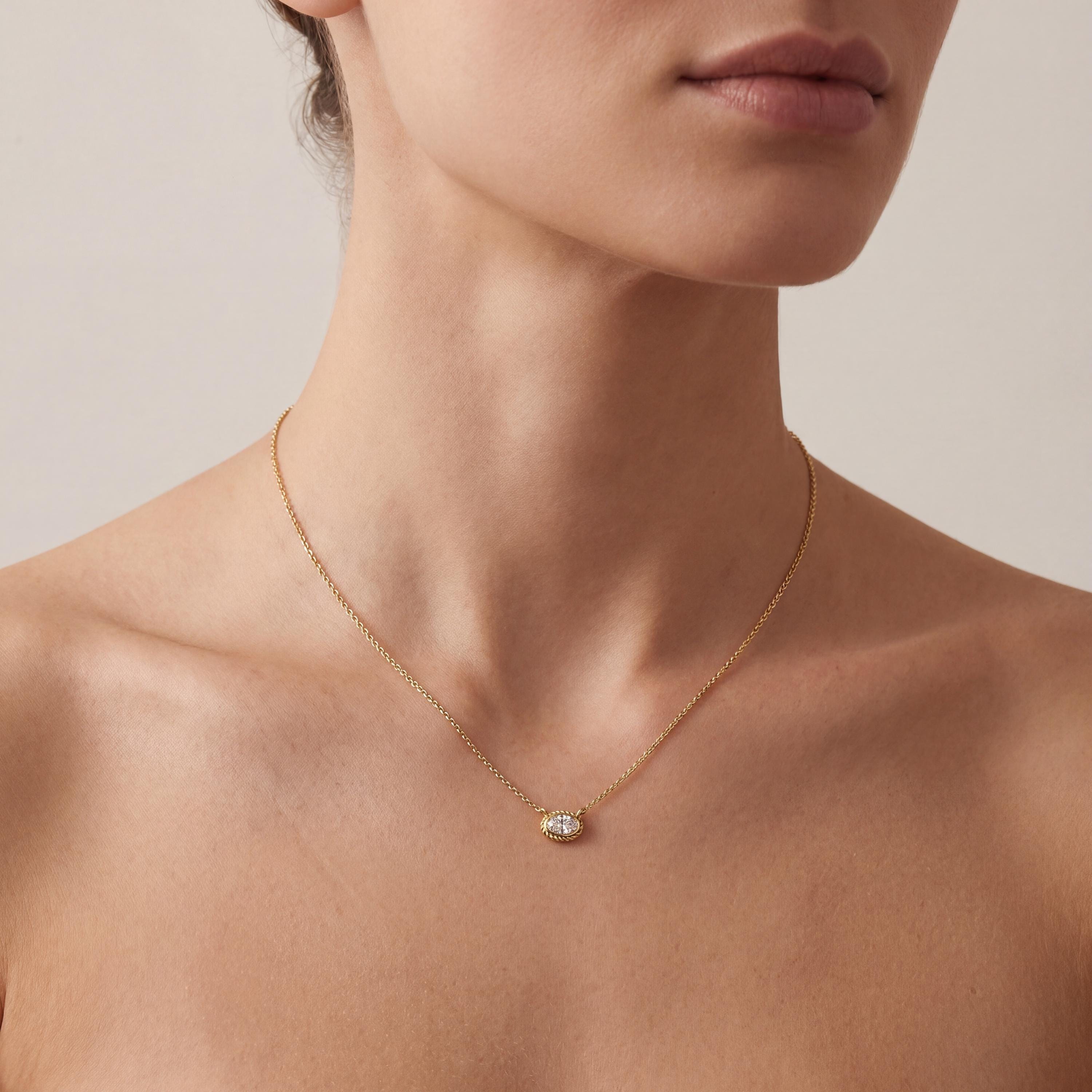 Oval Diamond Solitaire Bezel Set Halo Rope 14K Solid Gold Pendant Necklace