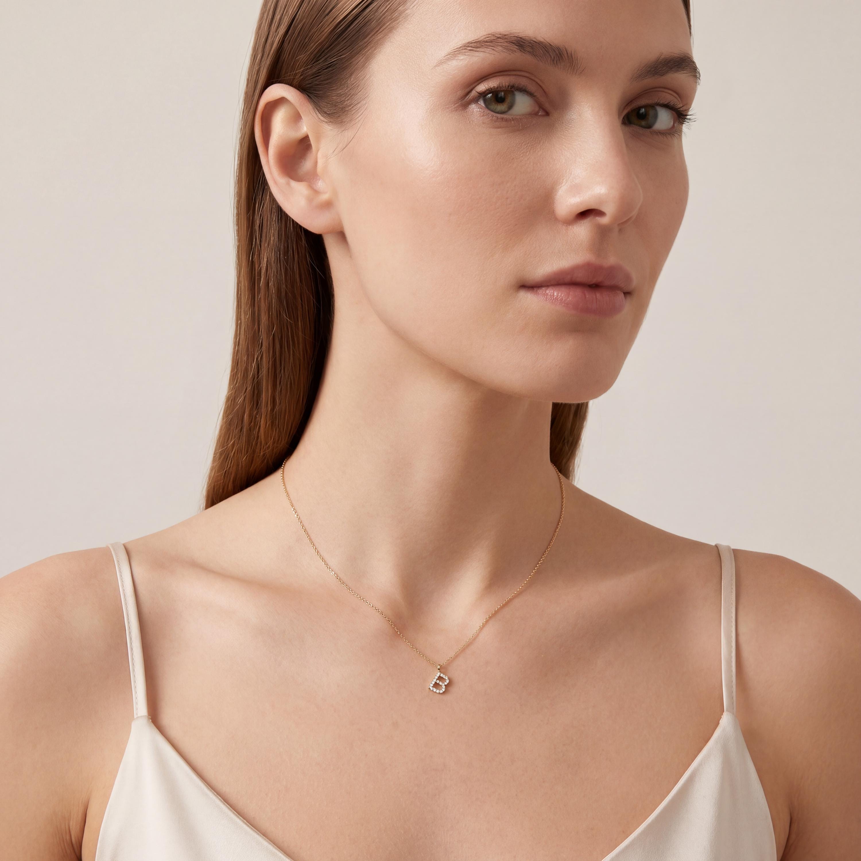 Round Diamond Pave 14K Dainty Solid Gold Initial Letter Necklace Pendant