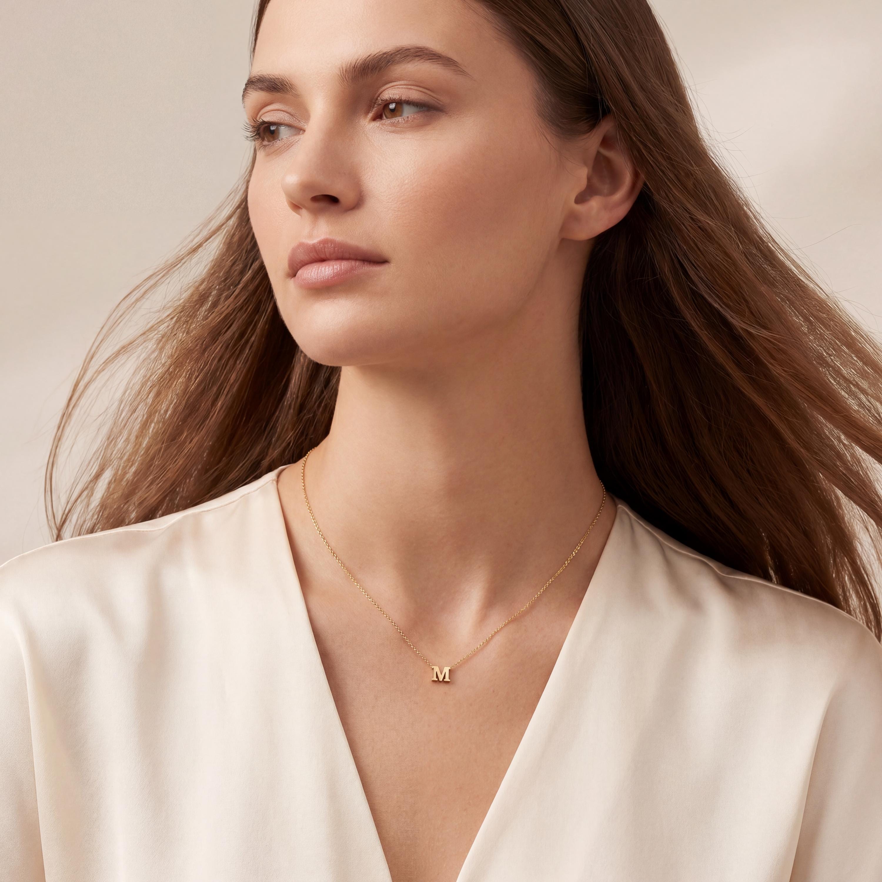 Personalized 14K Dainty Solid Gold Initial Letter Necklace Pendant