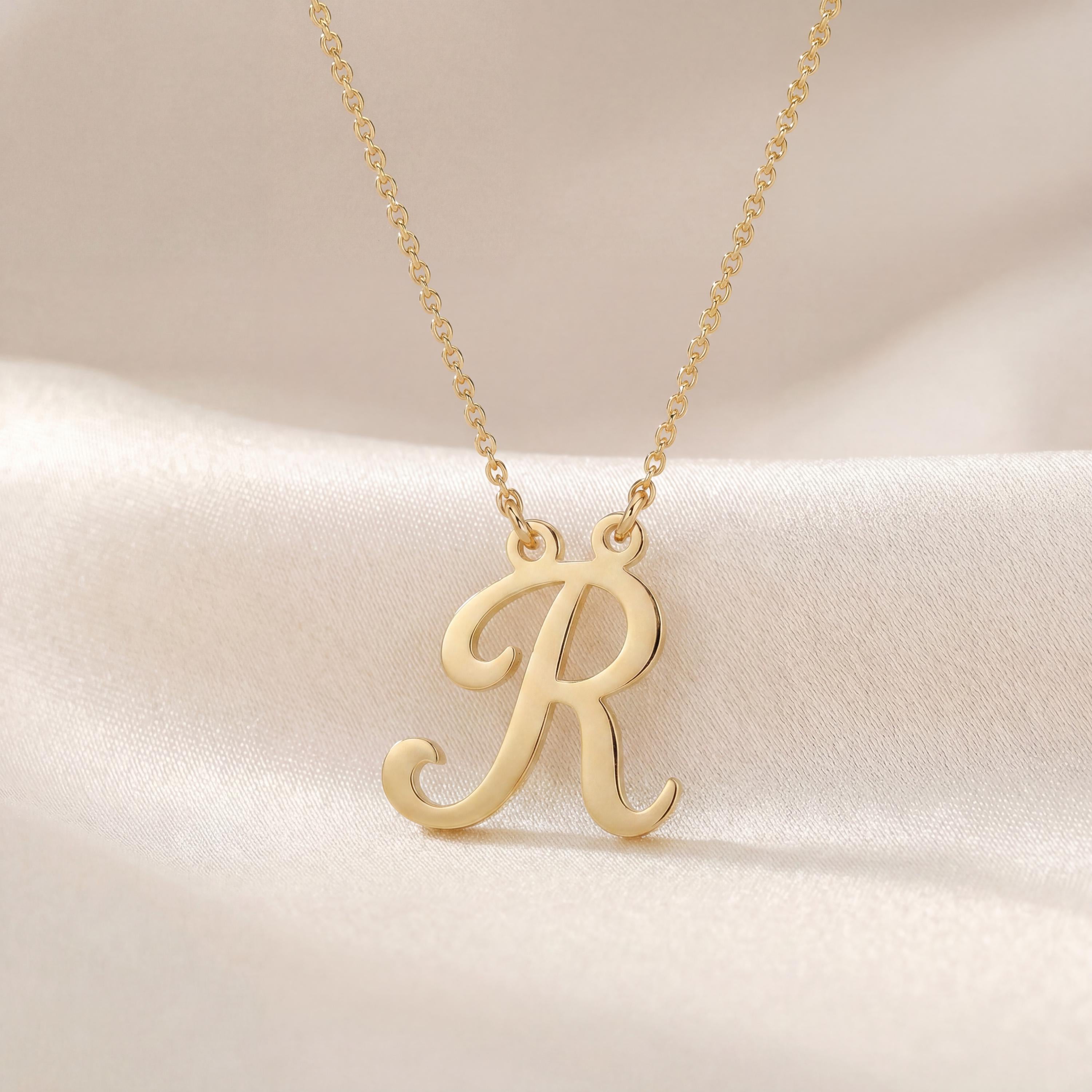 Personalized Script 14K Dainty Solid Gold Initial Letter Necklace Pendant