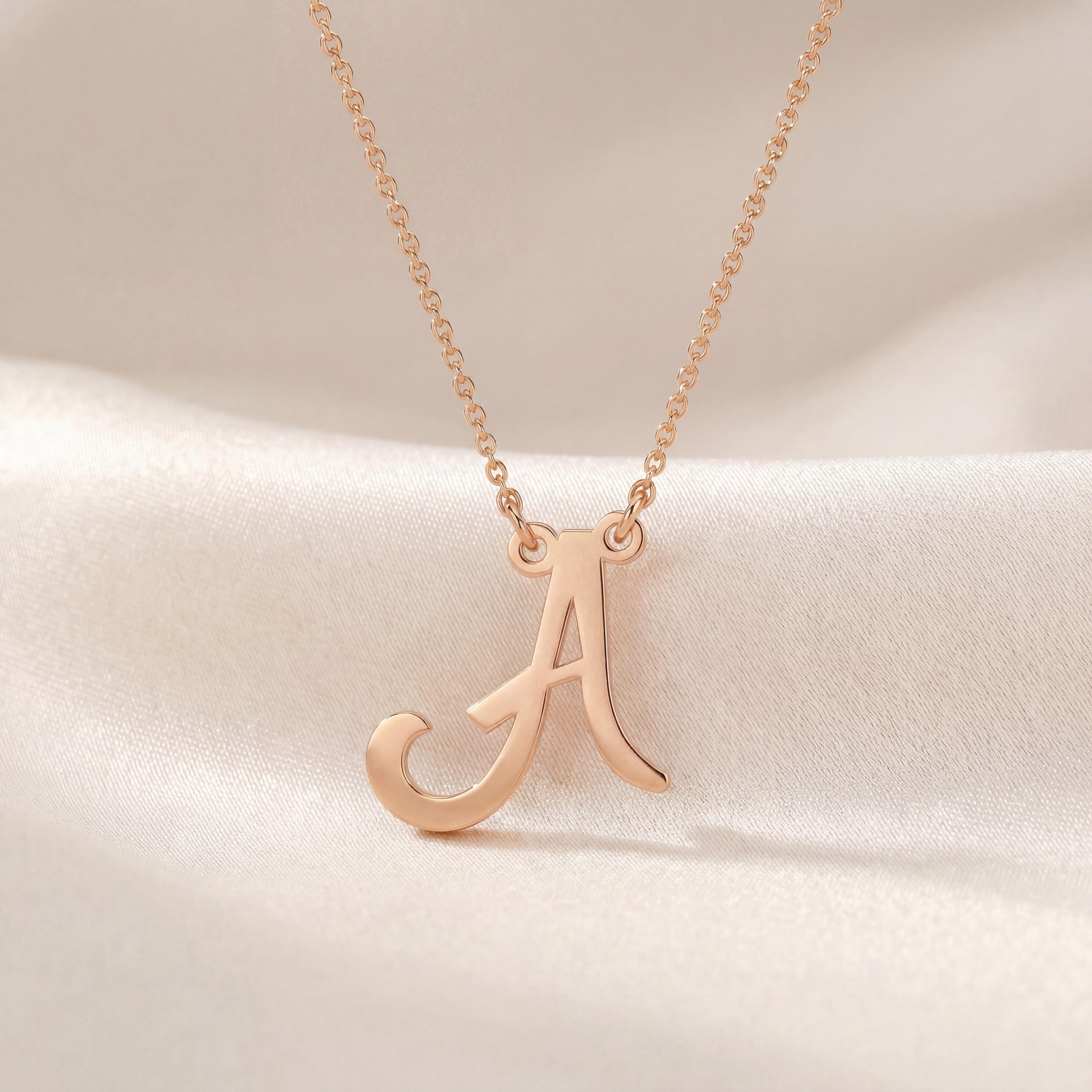 Personalized Script 14K Dainty Solid Gold Initial Letter Necklace Pendant