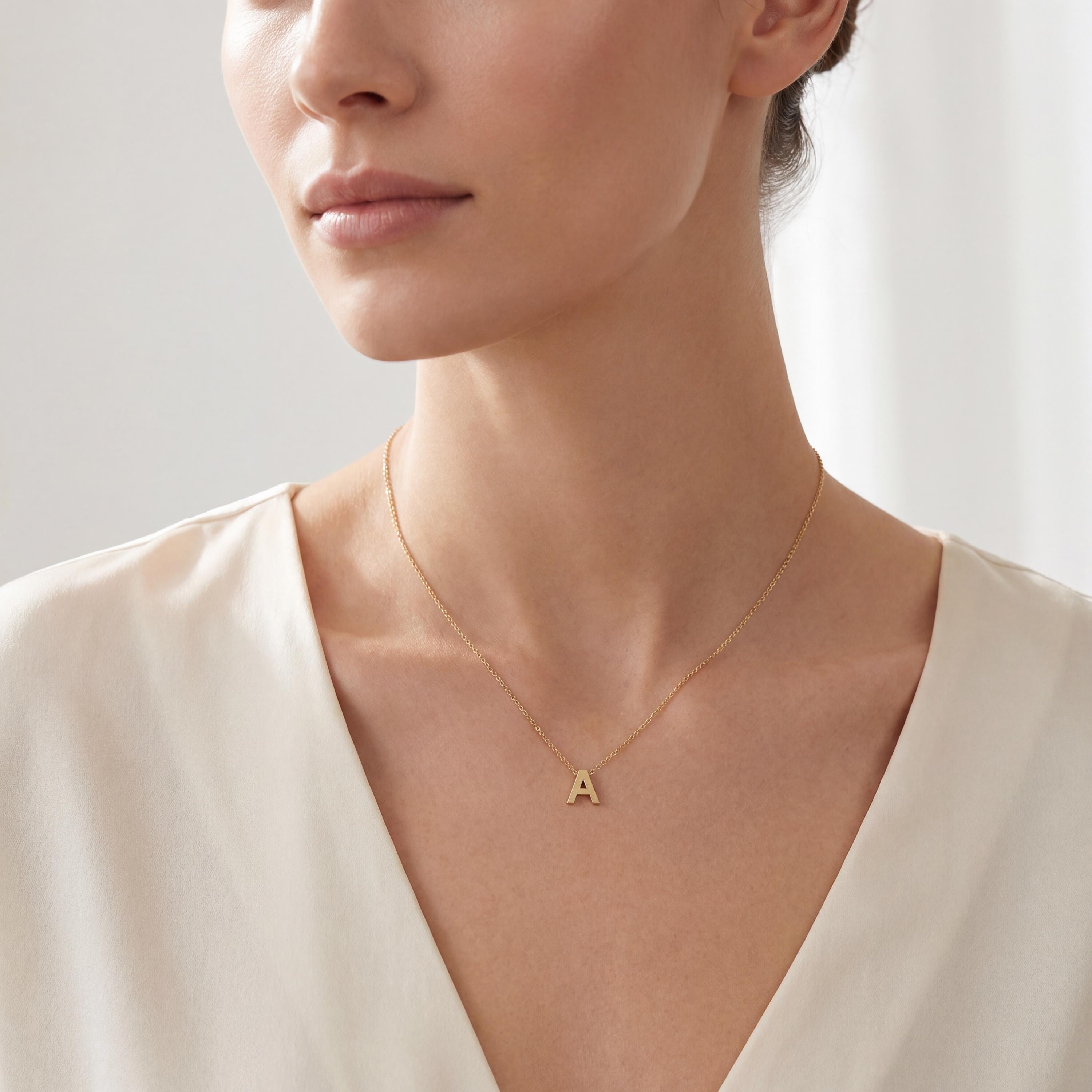 Personalized 14K Dainty Solid Gold Initial Letter Necklace Pendant