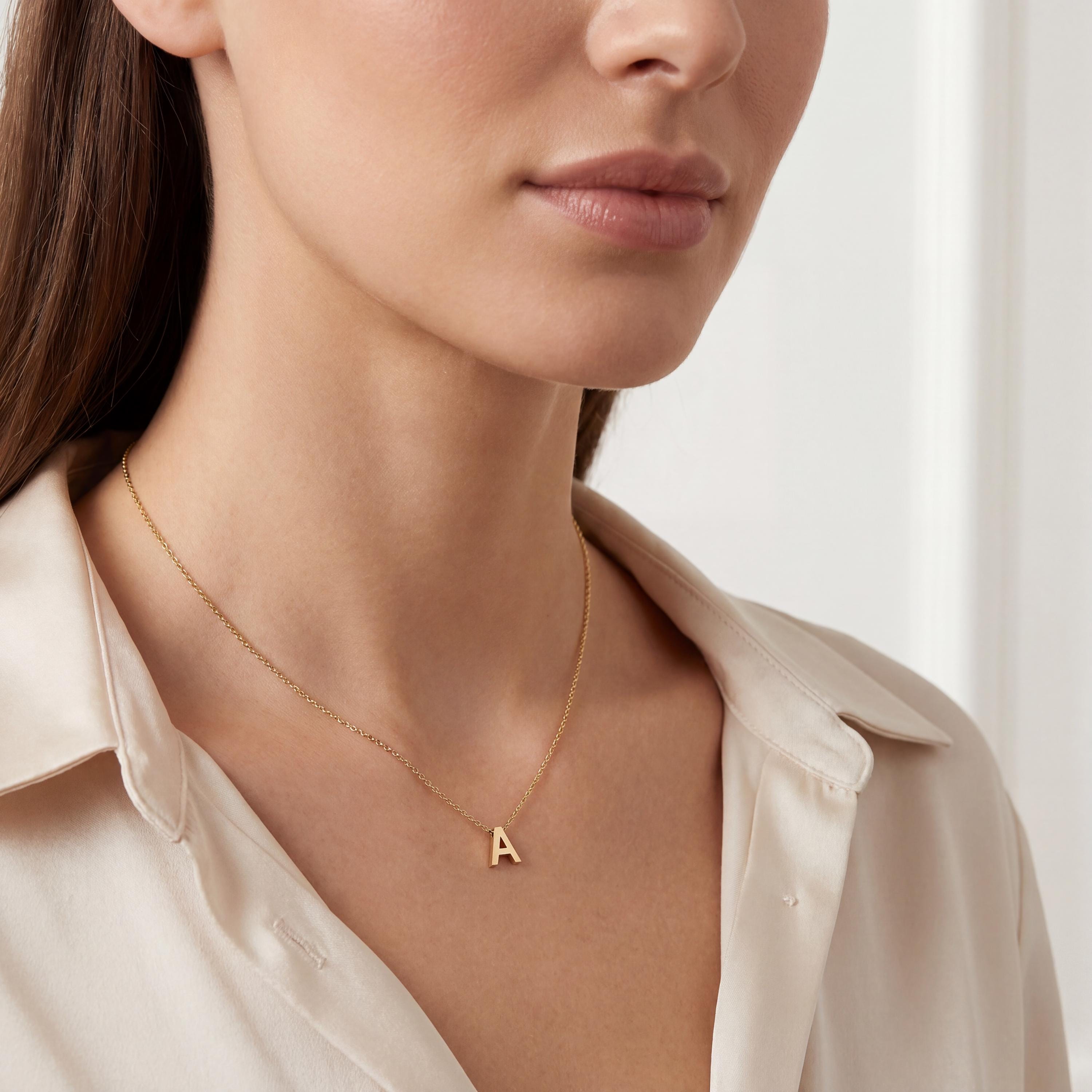 Personalized 14K Dainty Solid Gold Initial Letter Necklace Pendant