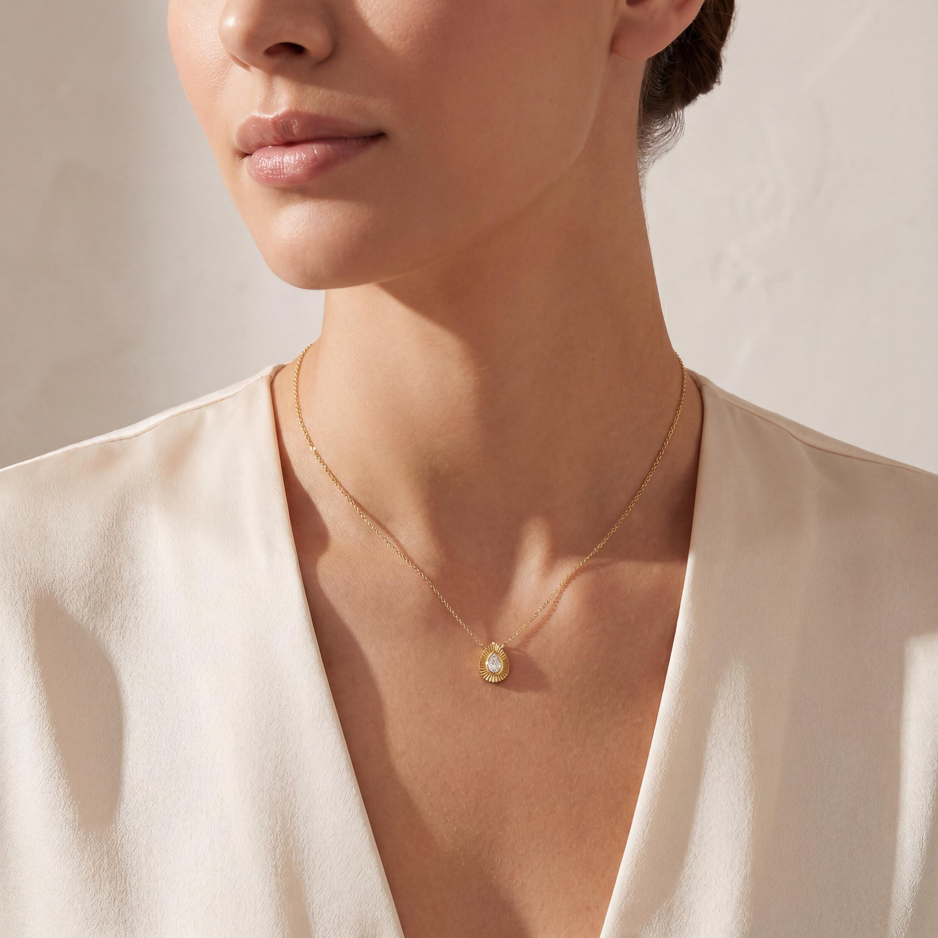 Pear Shape Diamond Fluted Dainty Bezel 14K Solid Gold Pendant Necklace