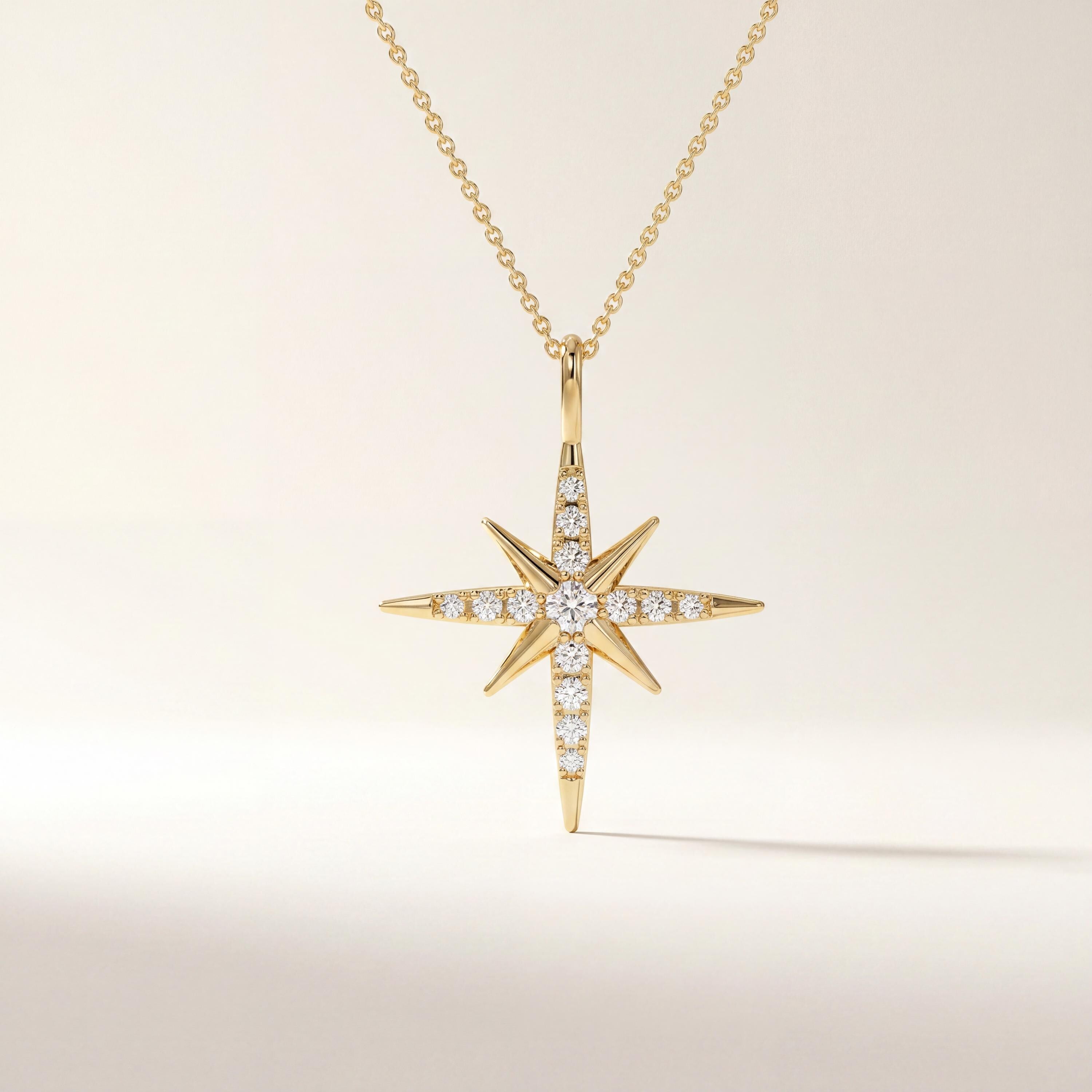 Round Diamond Dainty North Star 14K Solid Gold Pendant Necklace