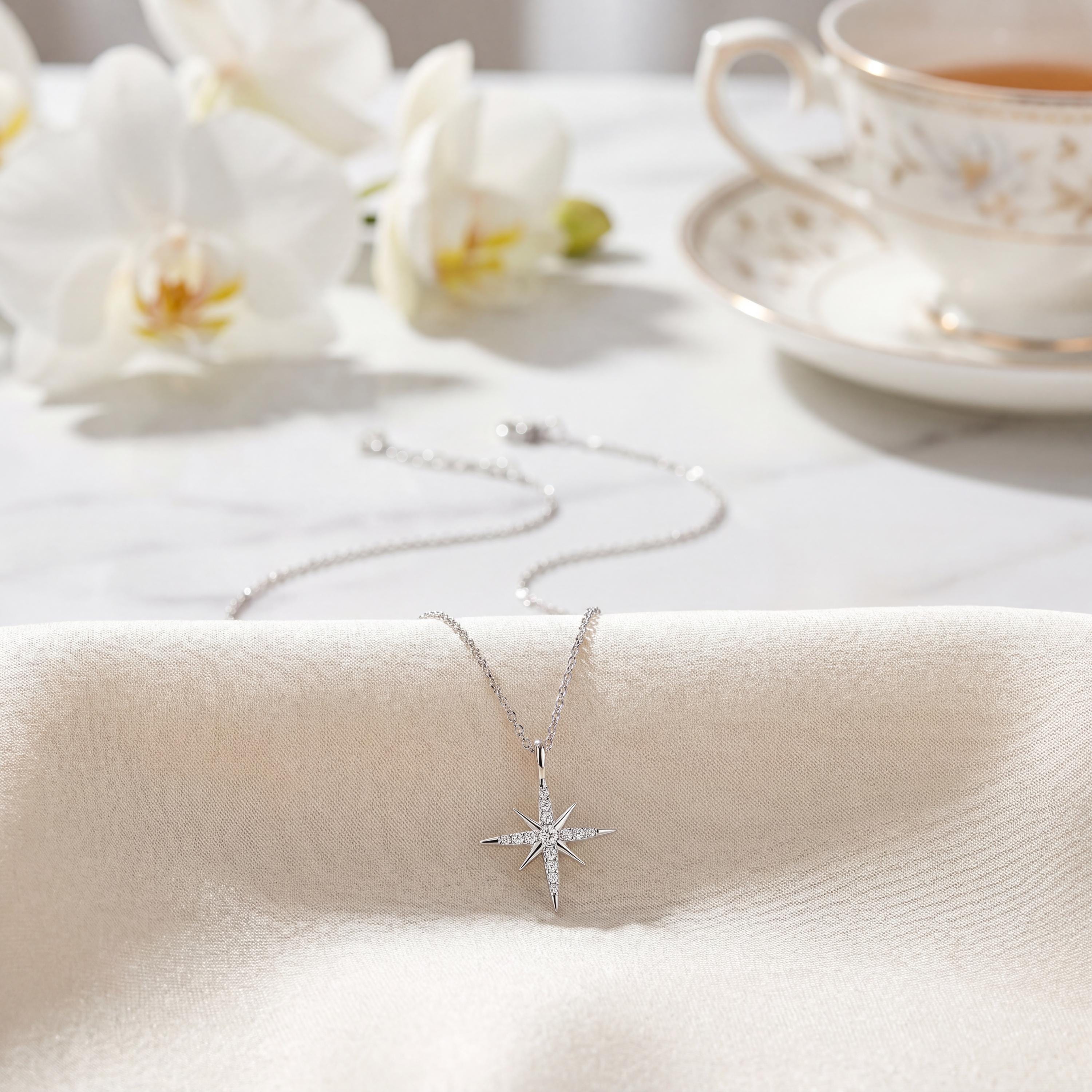 Round Diamond Dainty North Star 14K Solid Gold Pendant Necklace