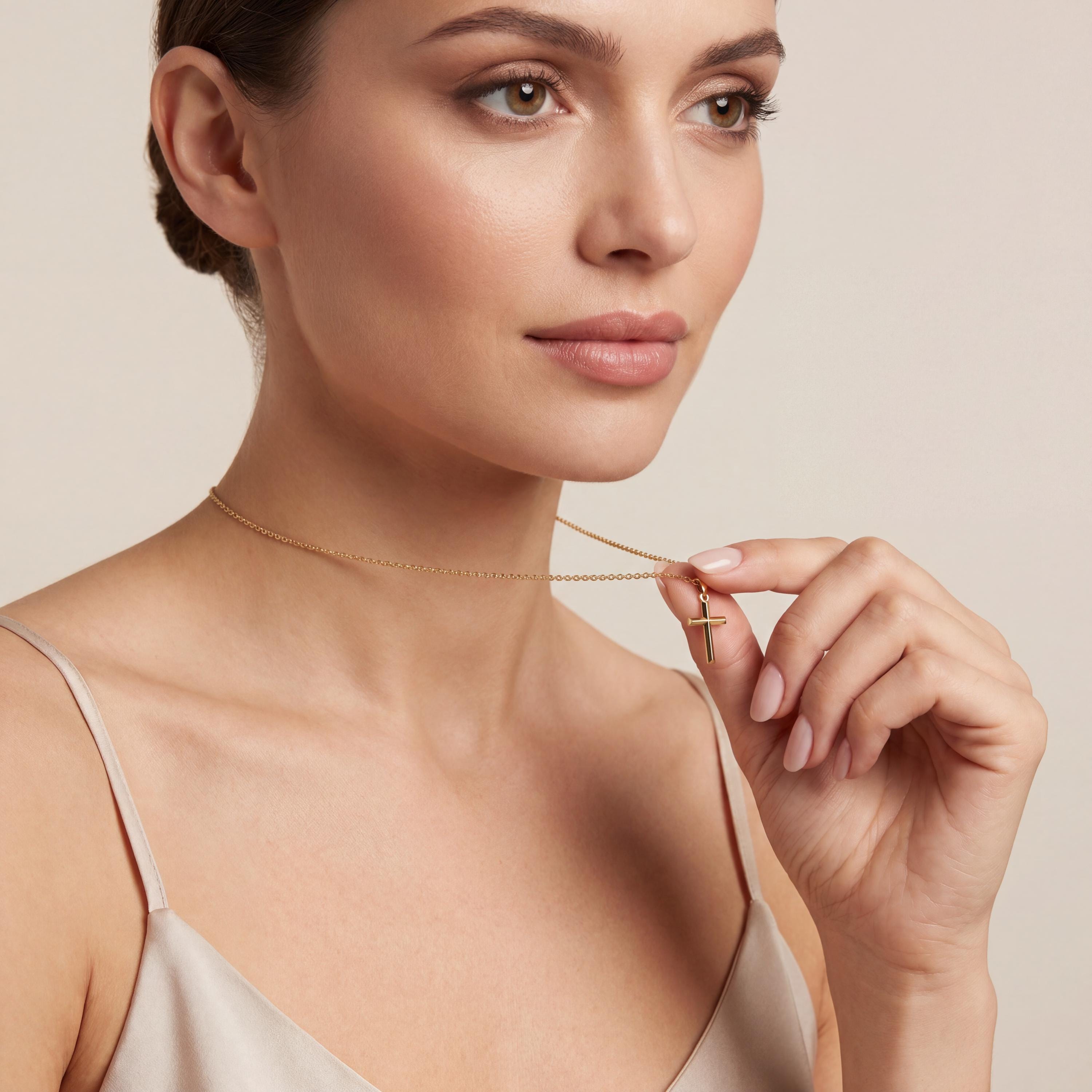 Beveled Edge Plain Cross 14K Solid Gold Pendant Necklace