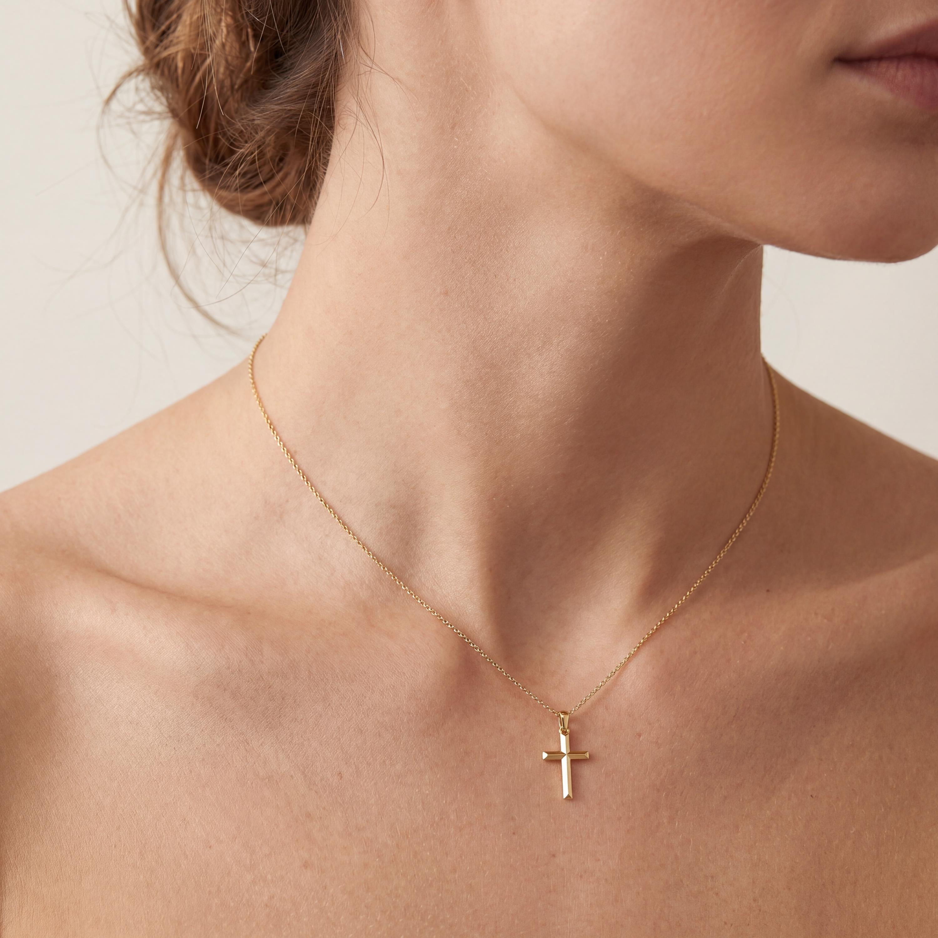 Beveled Edge Plain Cross 14K Solid Gold Pendant Necklace