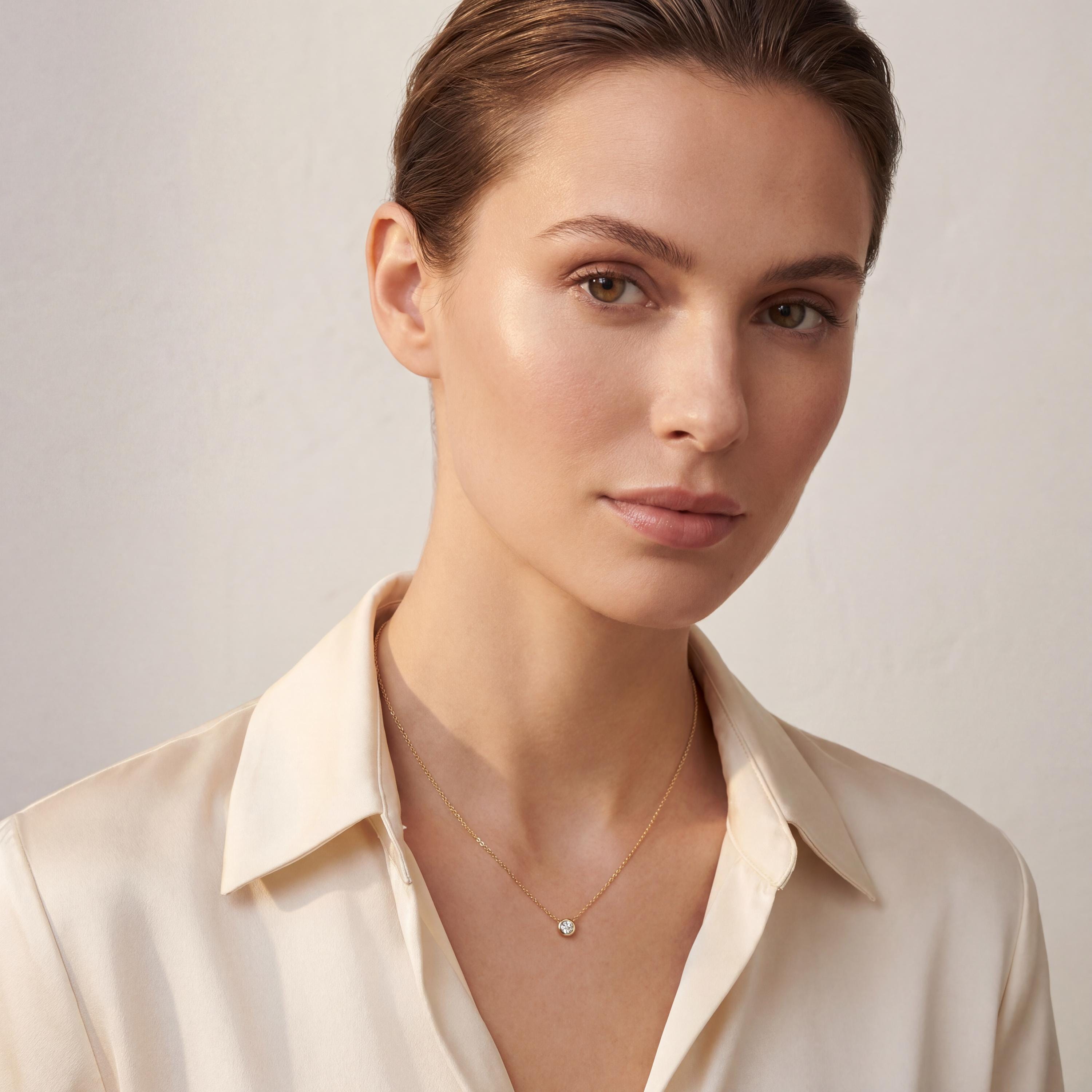 Round Diamond Bezel Set Solitaire 14K Solid Gold Pendant Necklace
