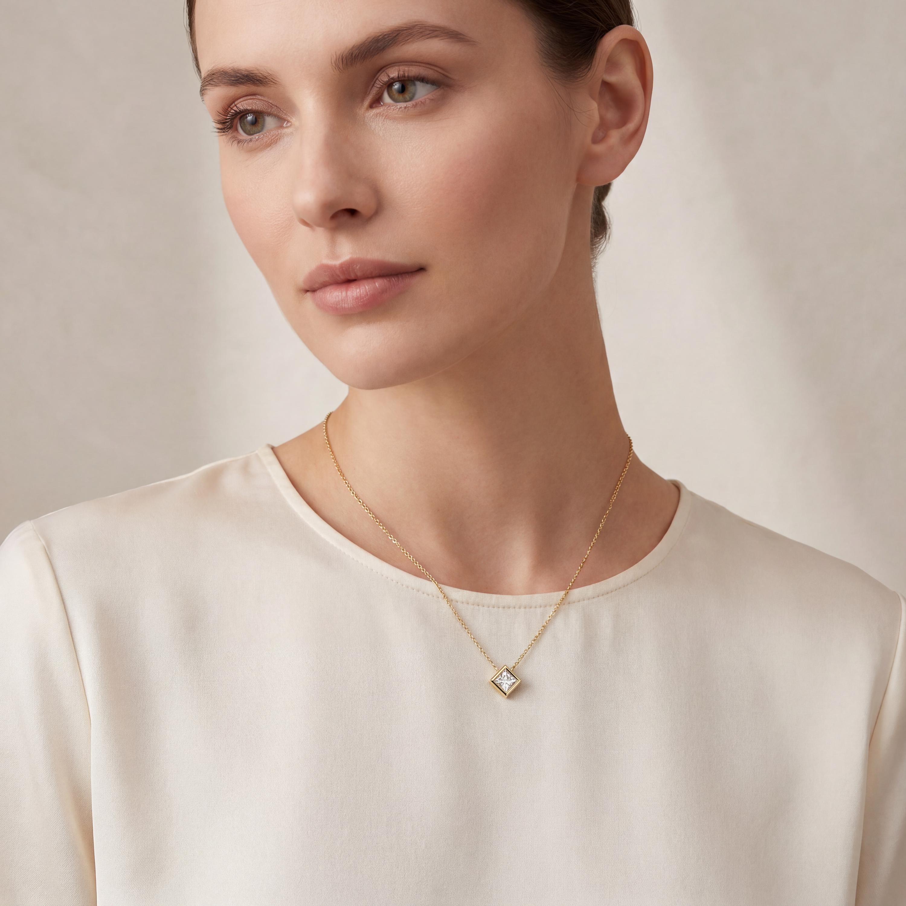 Princess Cut Diamond Bezel Set Solitaire 14K Solid Gold Pendant Necklace