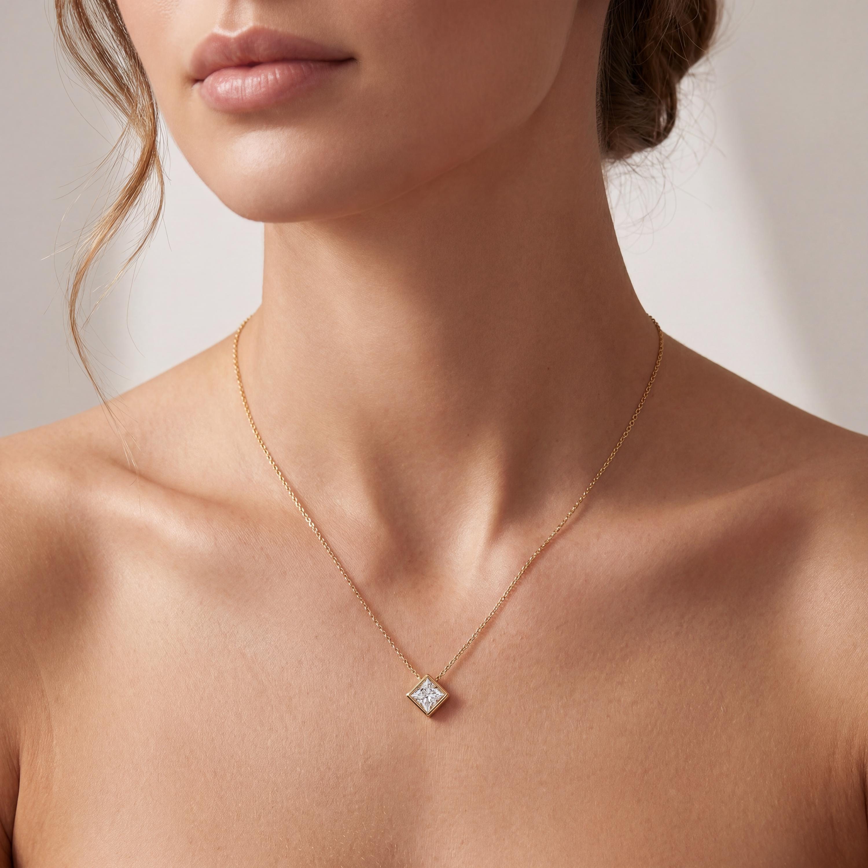 Princess Cut Diamond Bezel Set Solitaire 14K Solid Gold Pendant Necklace