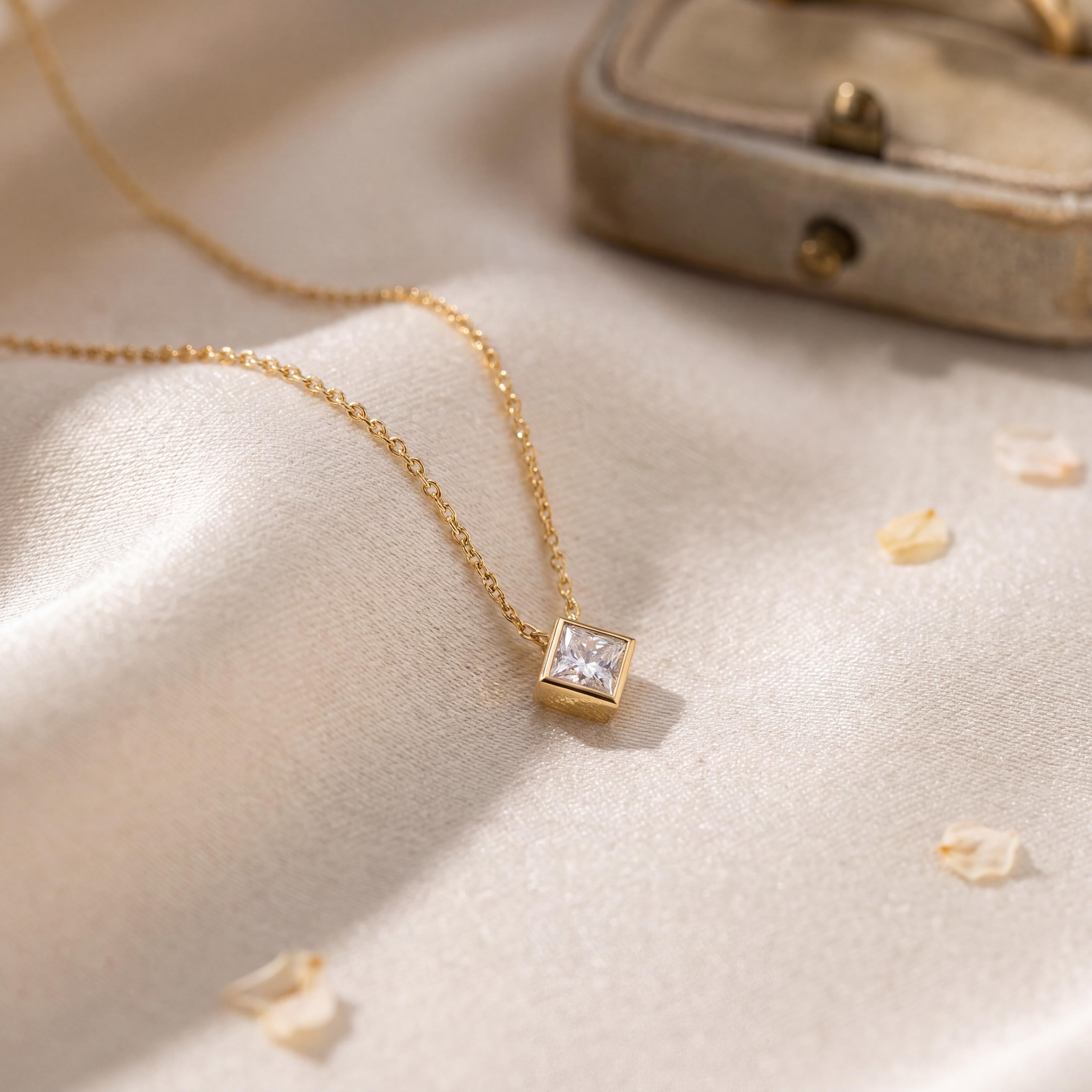 Princess Cut Diamond Bezel Set Solitaire 14K Solid Gold Pendant Necklace