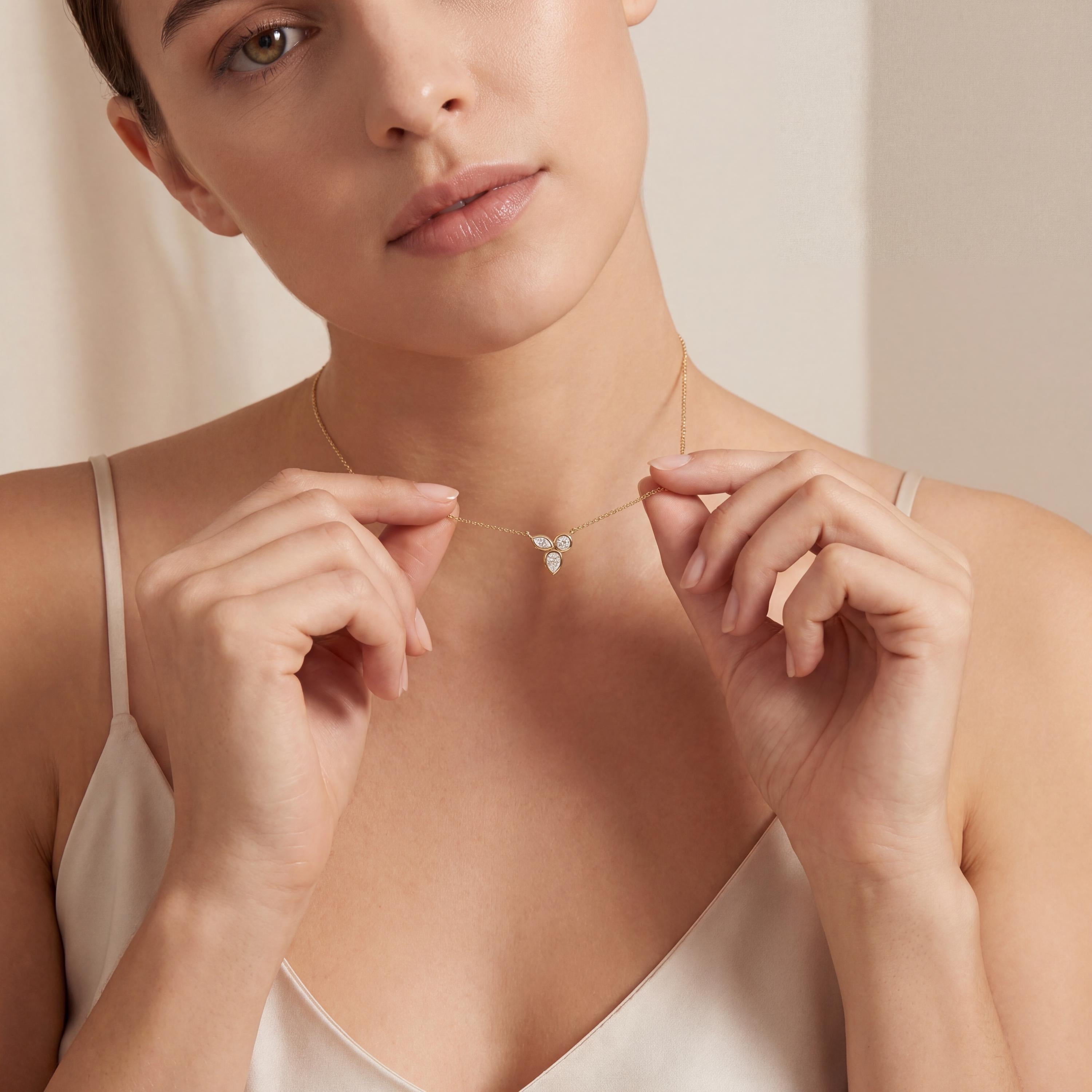 Marquise Pear & Round Three Stone Dainty Necklace 14K Solid Gold Pendant