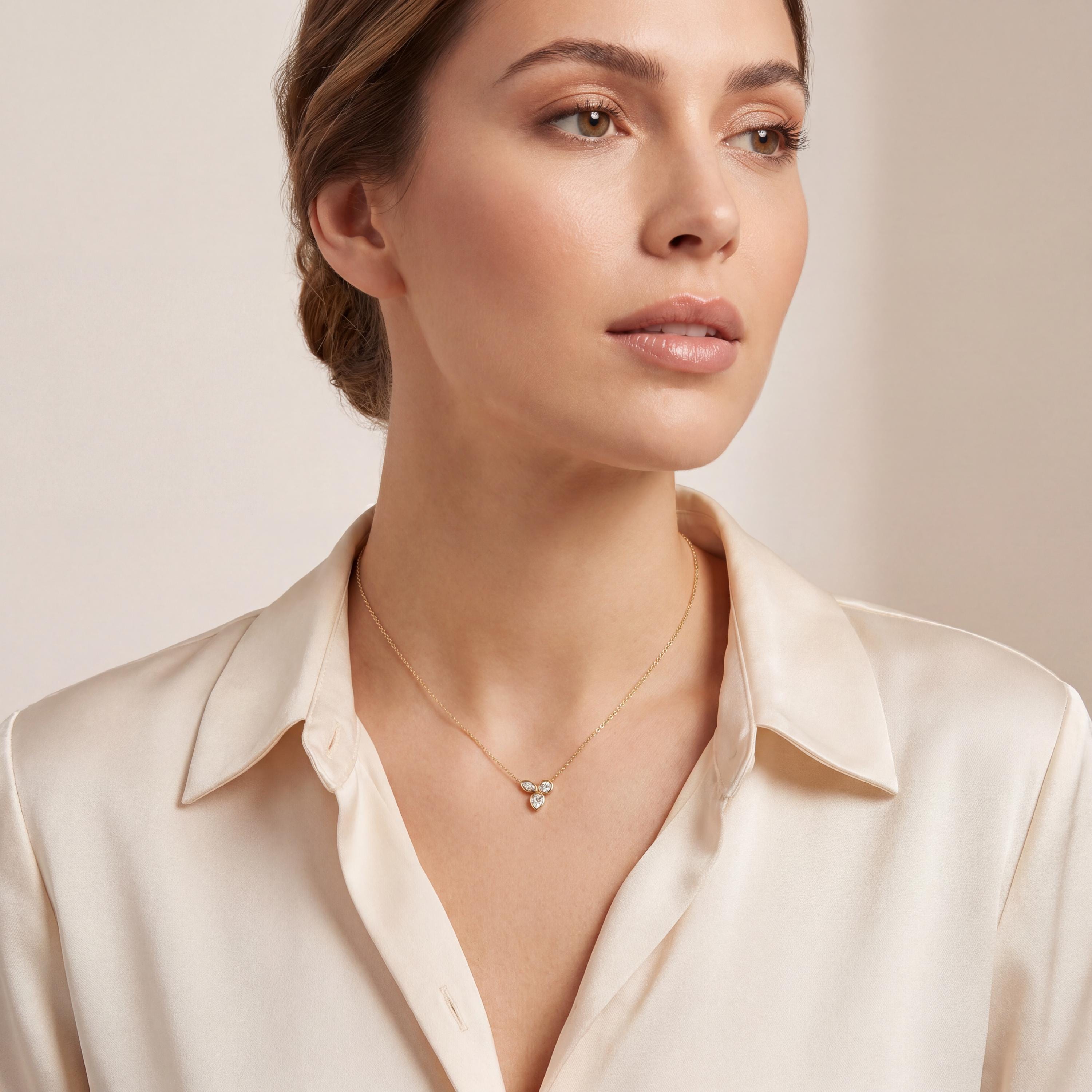 Marquise Pear & Round Three Stone Dainty Necklace 14K Solid Gold Pendant