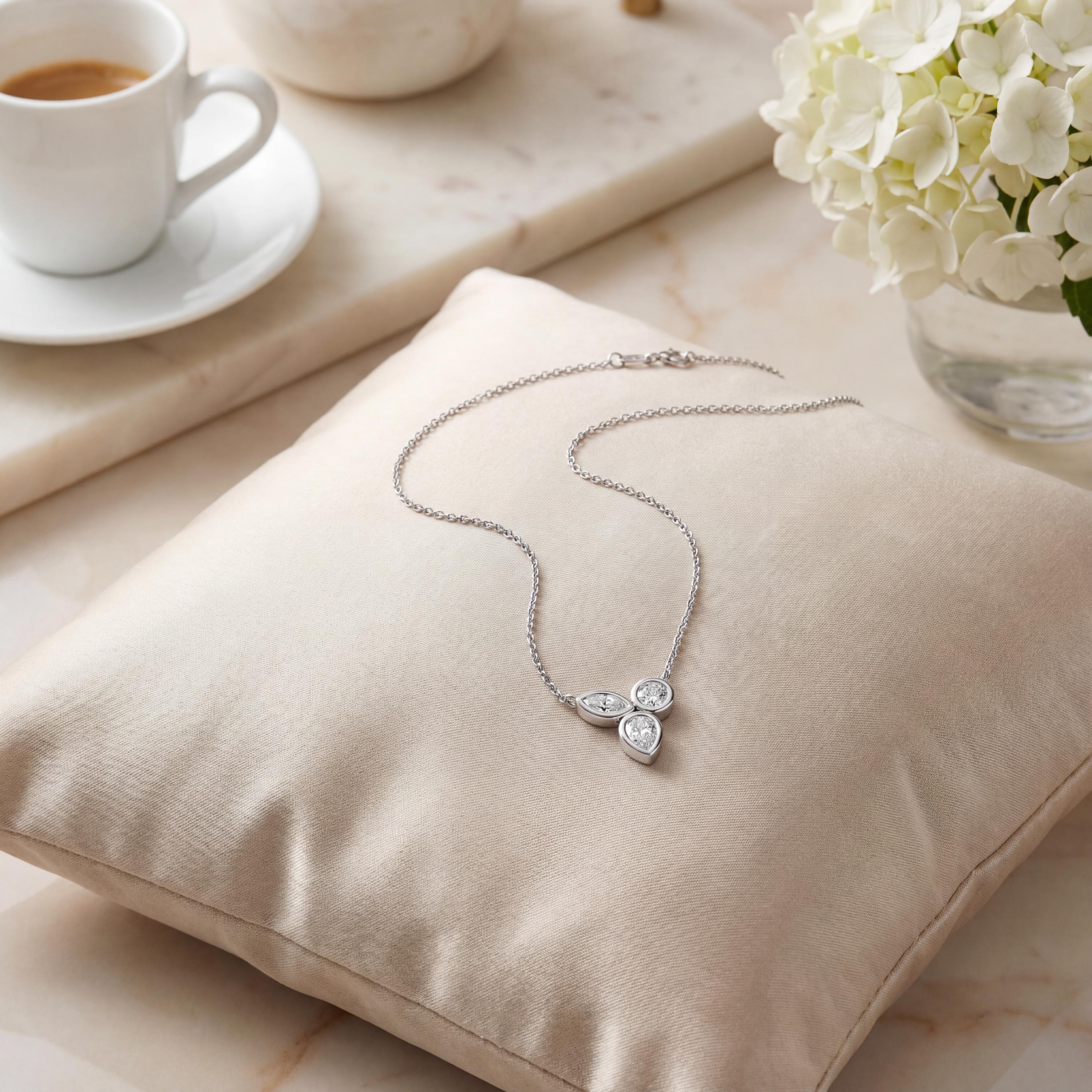 Marquise Pear & Round Three Stone Dainty Necklace 14K Solid Gold Pendant