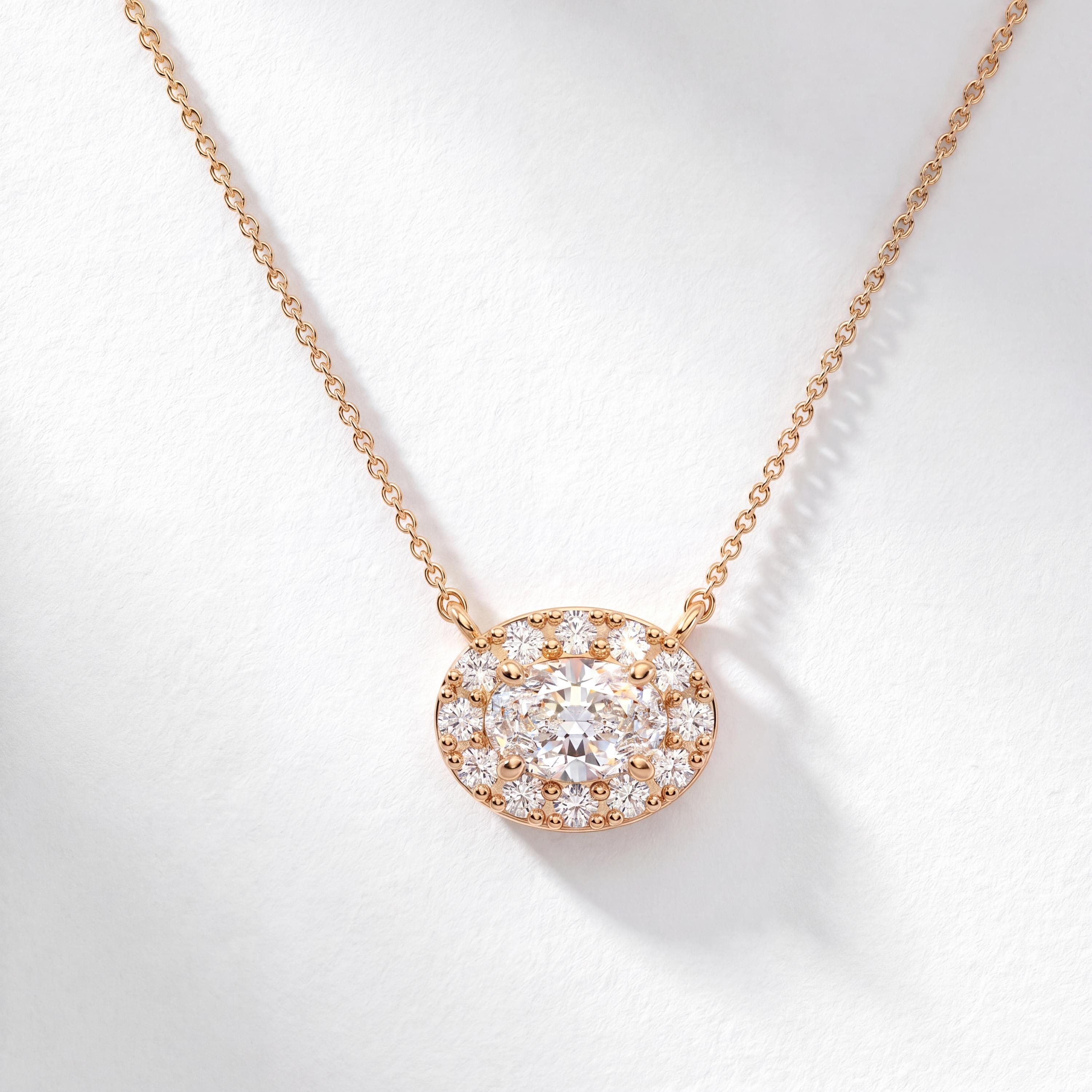 Oval Diamond Halo Dainty 14K Solid Gold Pendant Necklace