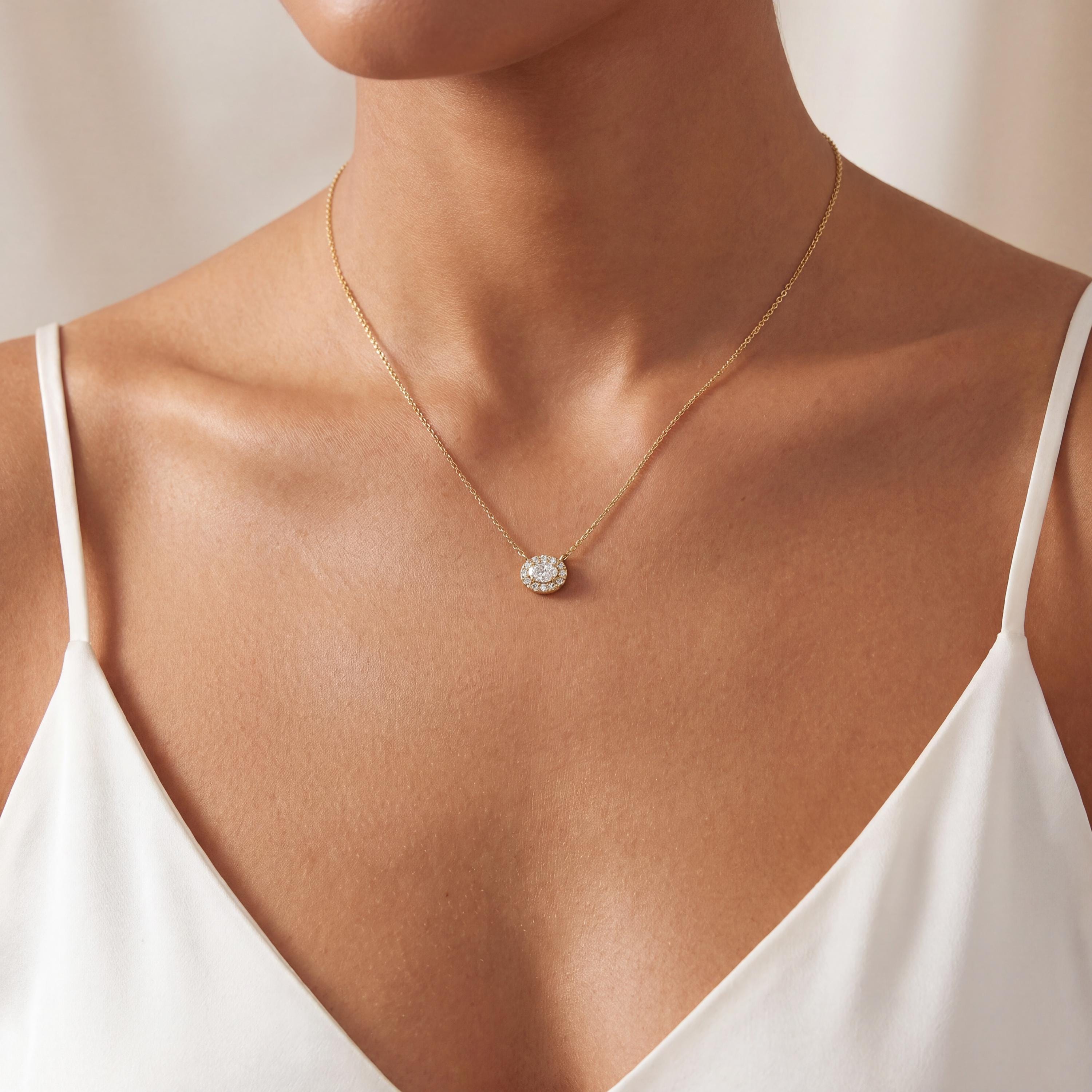 Oval Diamond Halo Dainty 14K Solid Gold Pendant Necklace