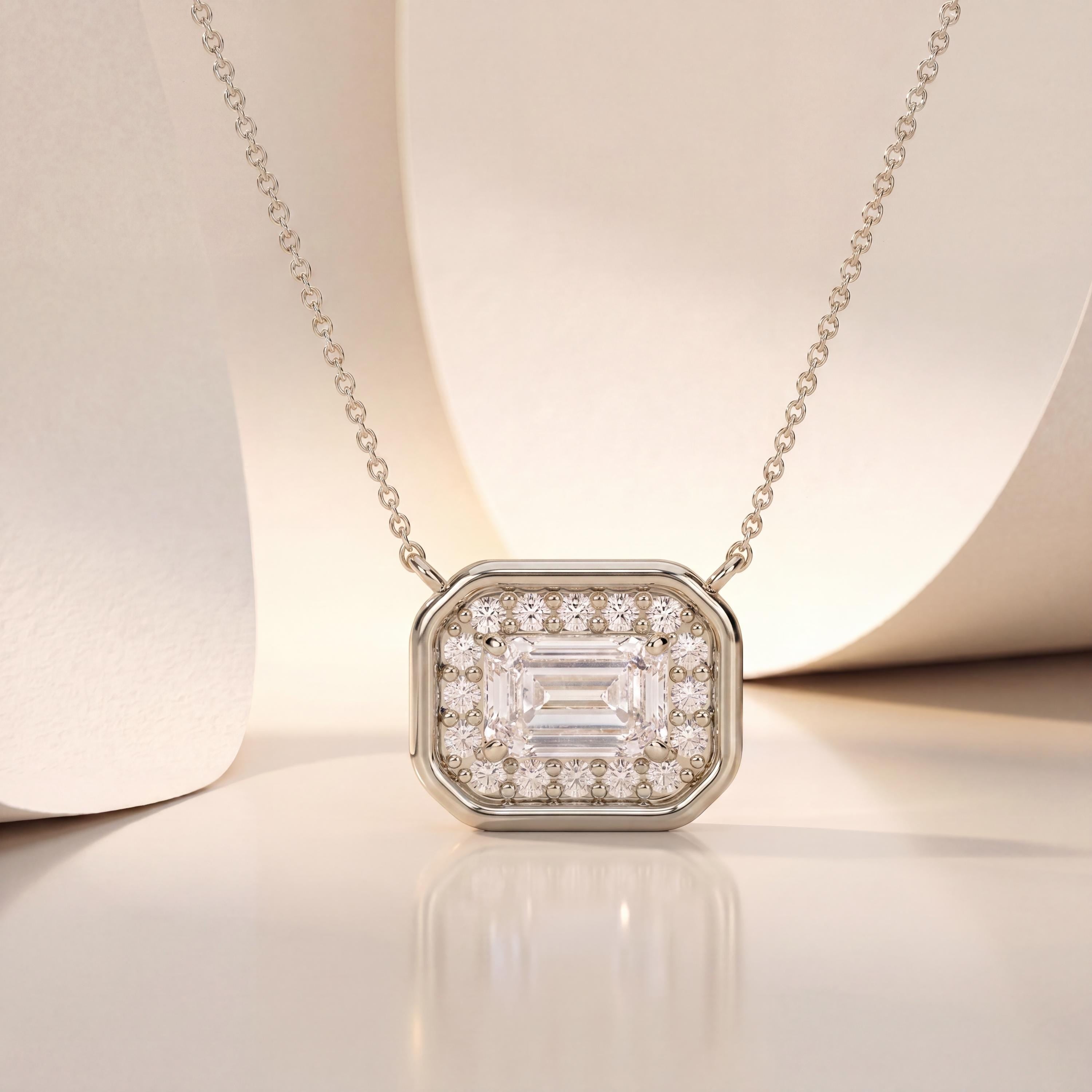 Emerald Cut Diamond Halo Dainty Bezel 14K Solid Gold Pendant Necklace