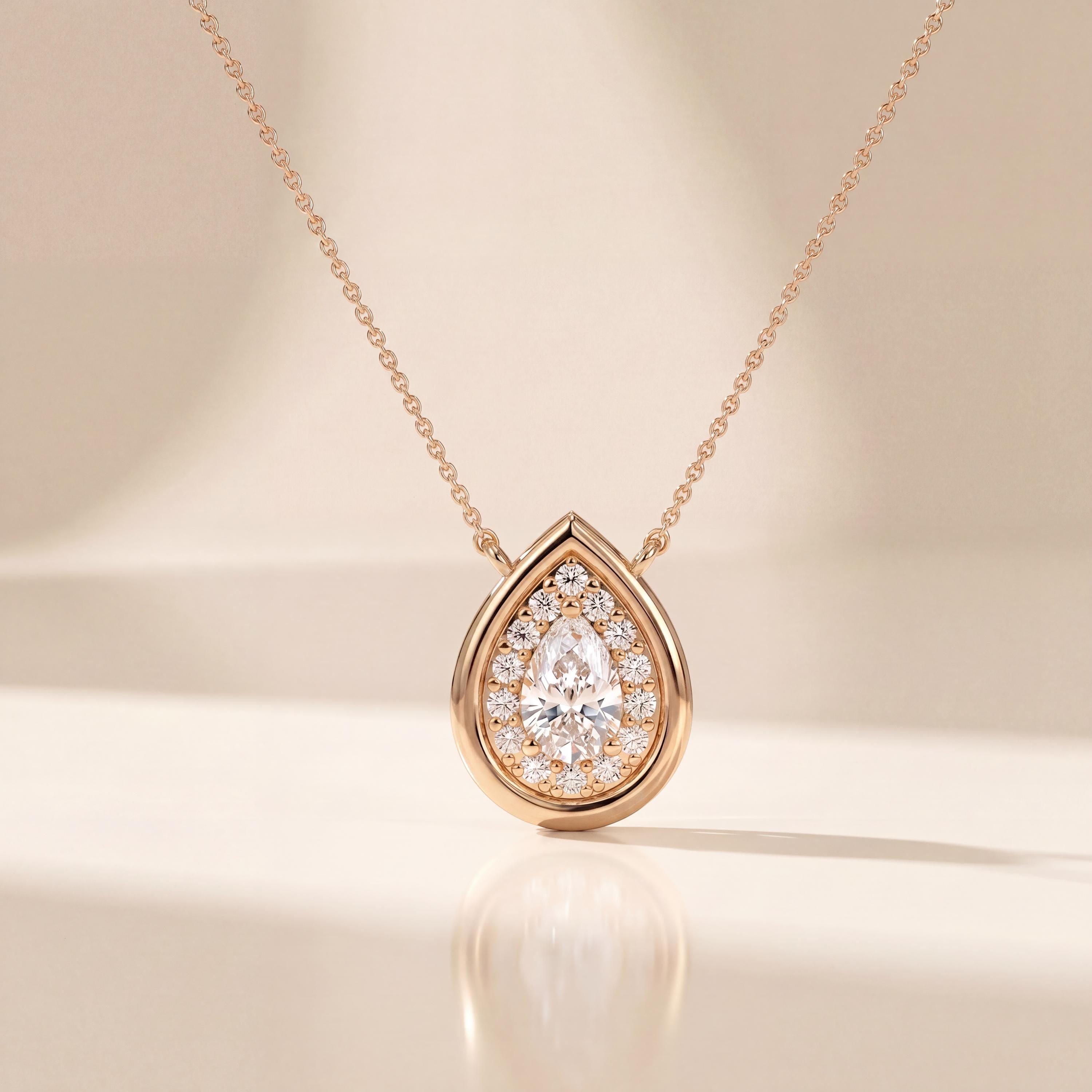 Pear Shape Diamond Halo Dainty Bezel 14K Solid Gold Pendant Necklace