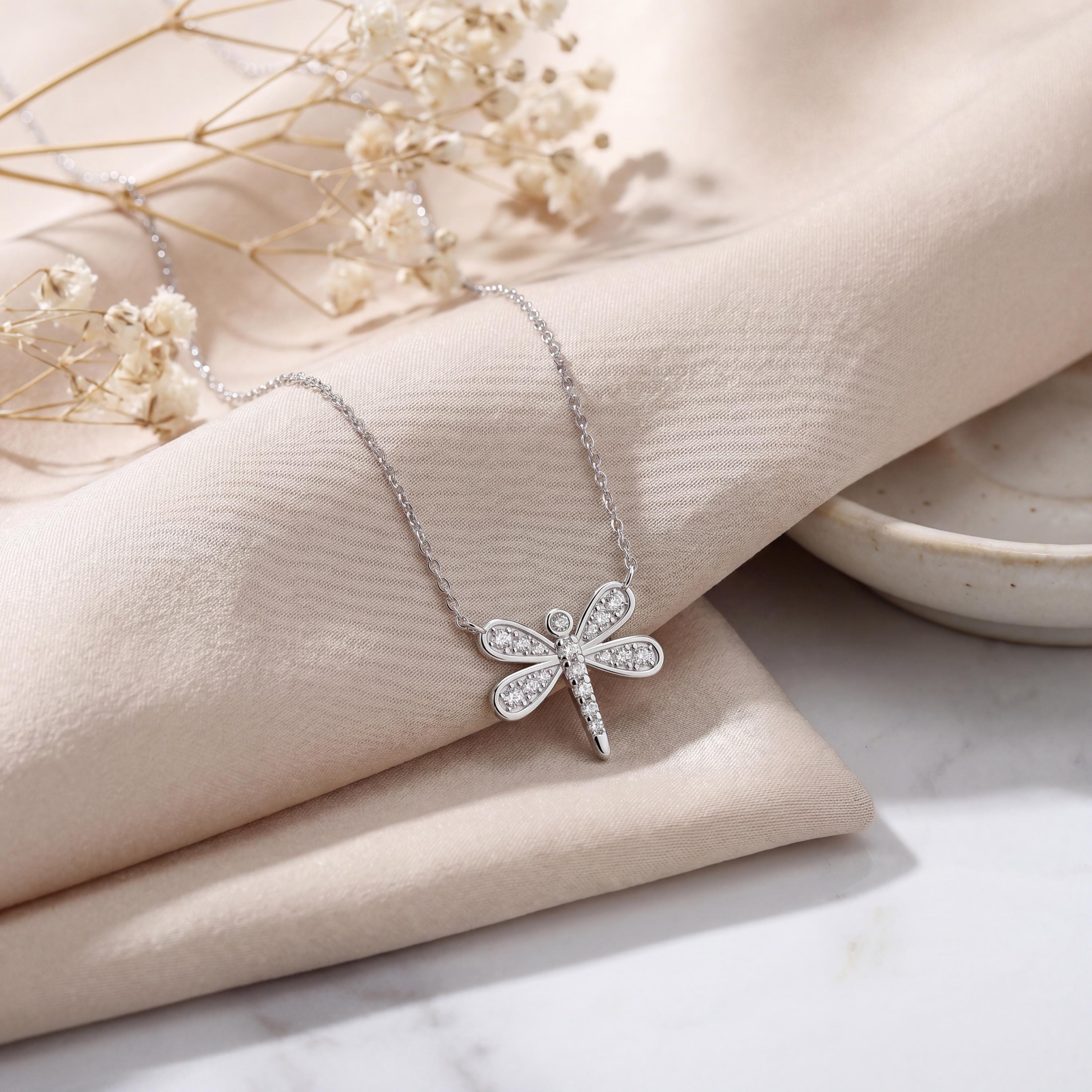 Round Diamond Dainty Dragonfly 14K Solid Gold Pendant Necklace
