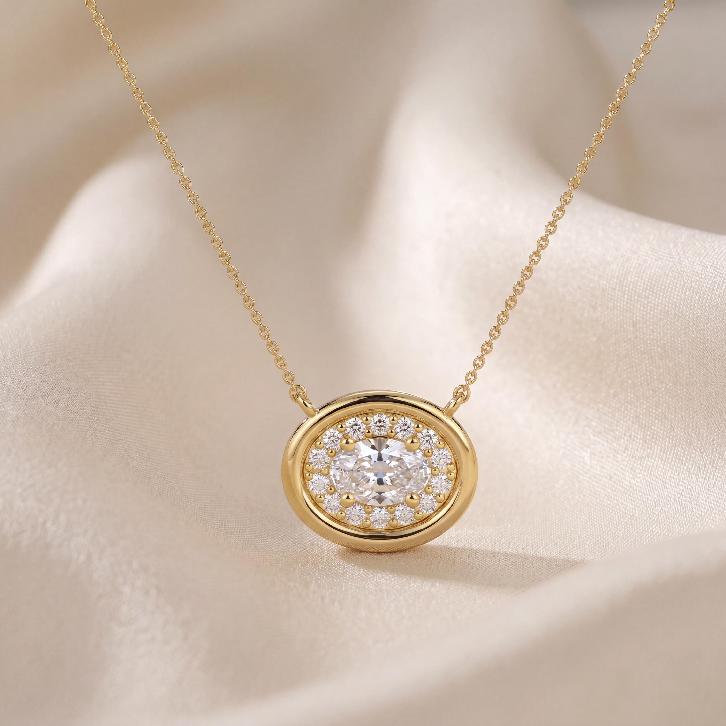 Oval Diamond Halo Dainty Bezel 14K Solid Gold Pendant Necklace