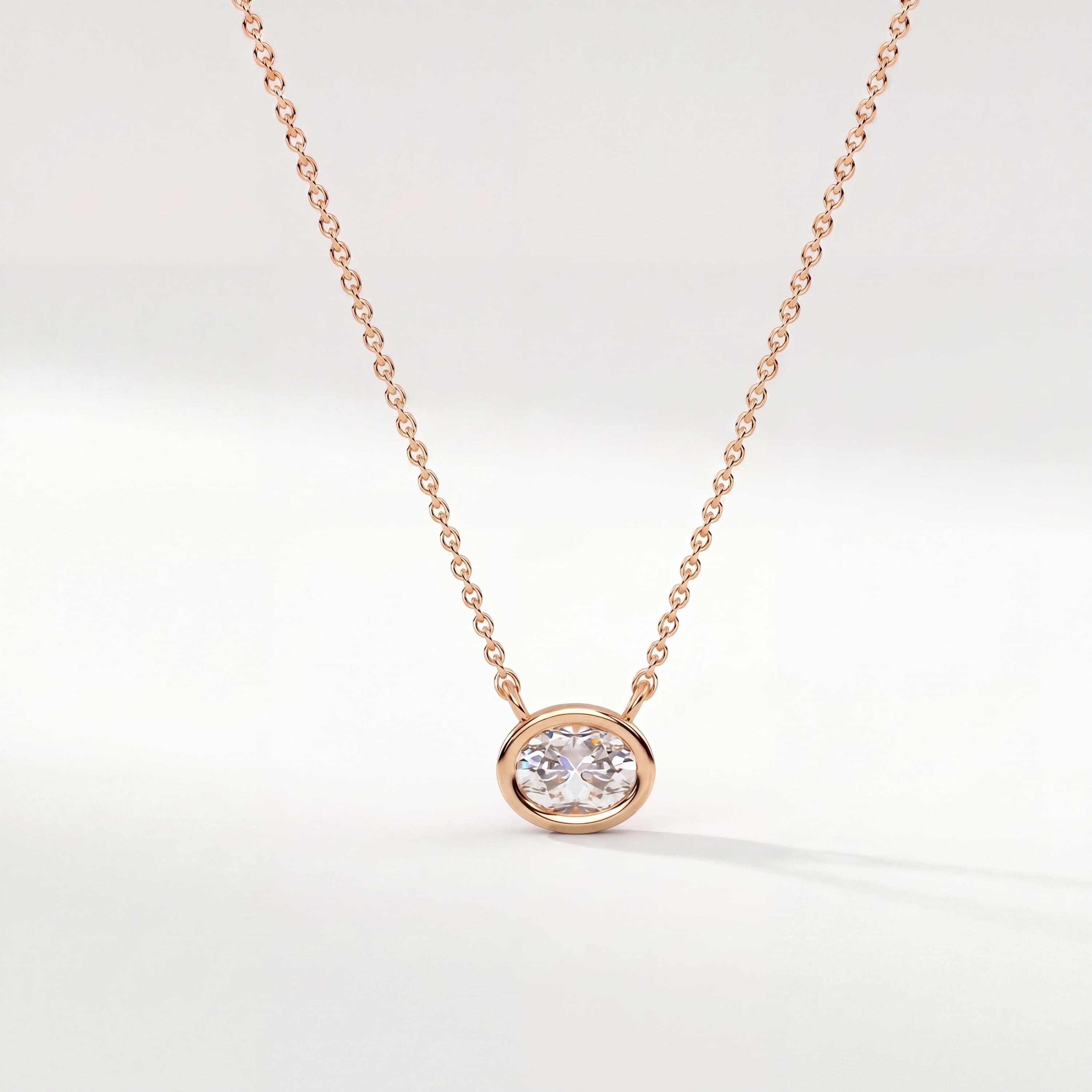 Oval Cut Diamond Bezel Set Dainty Solitaire 14K Solid Gold Pendant Necklace