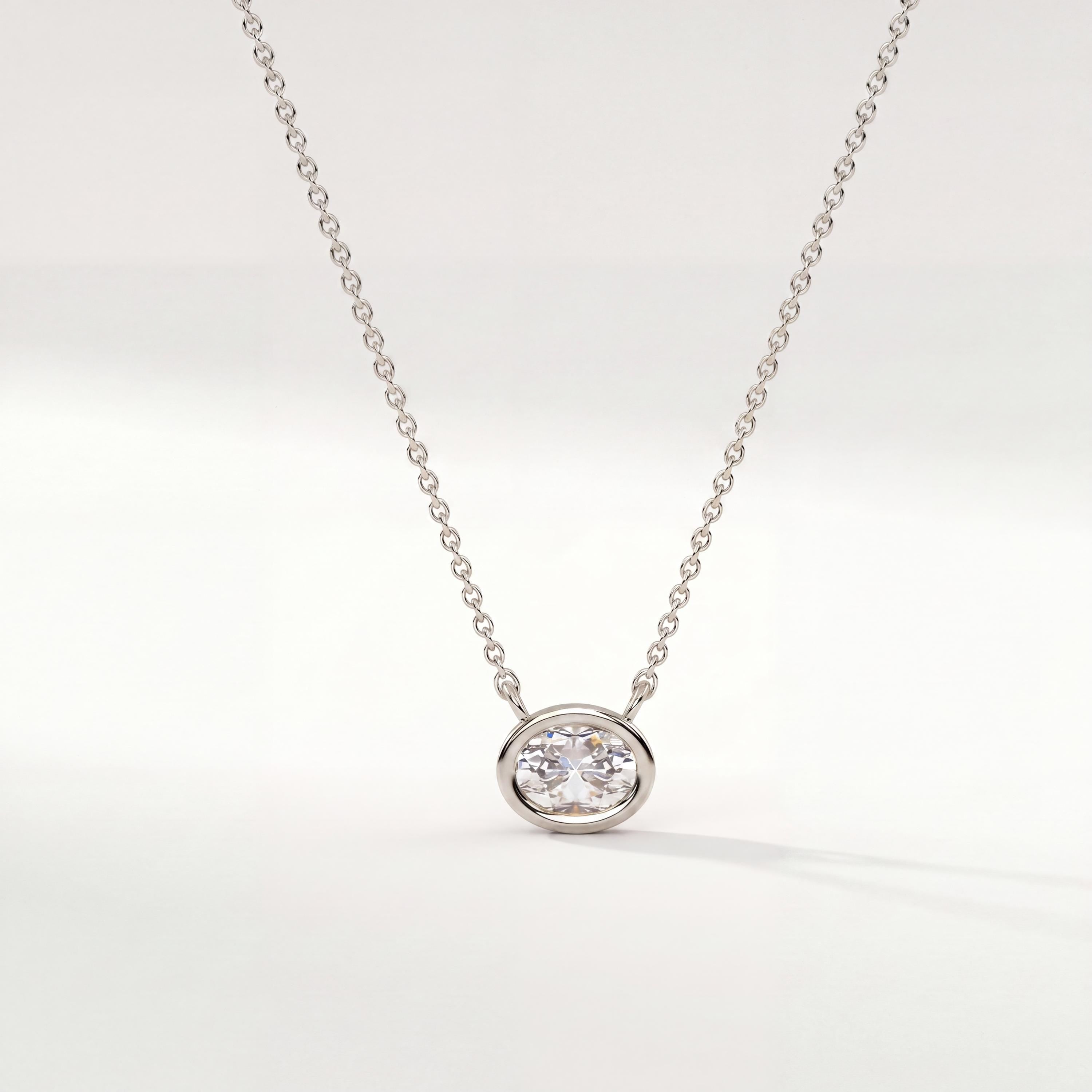Oval Cut Diamond Bezel Set Dainty Solitaire 14K Solid Gold Pendant Necklace