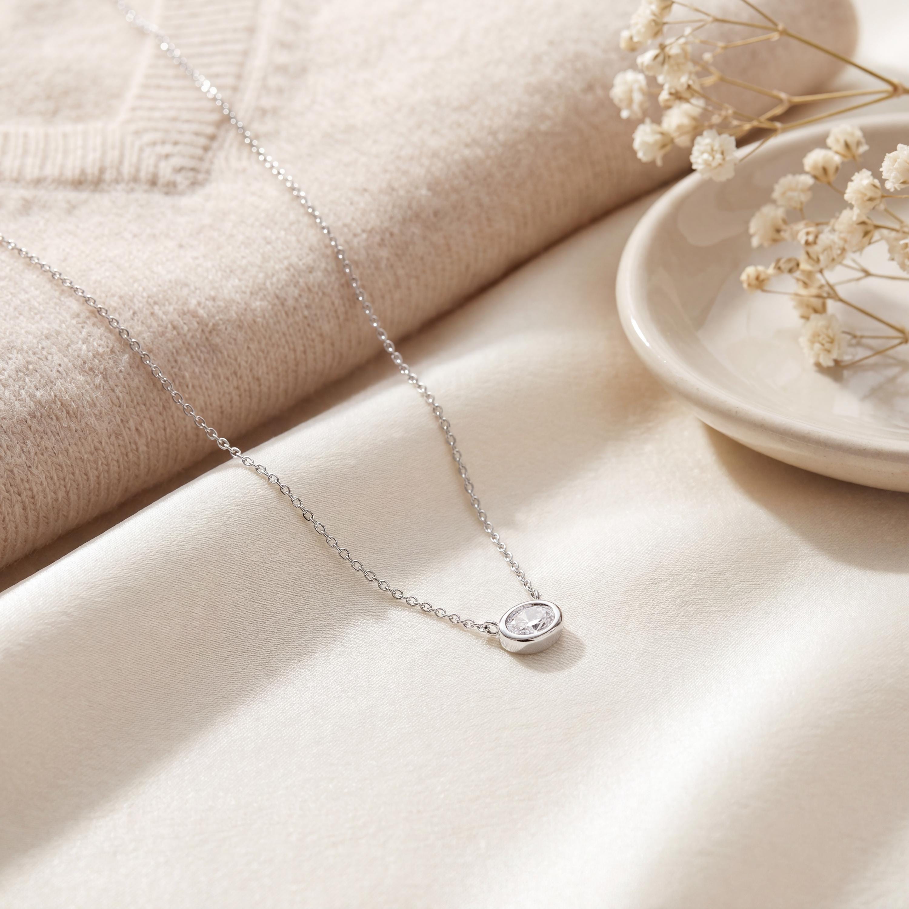 Oval Cut Diamond Bezel Set Dainty Solitaire 14K Solid Gold Pendant Necklace