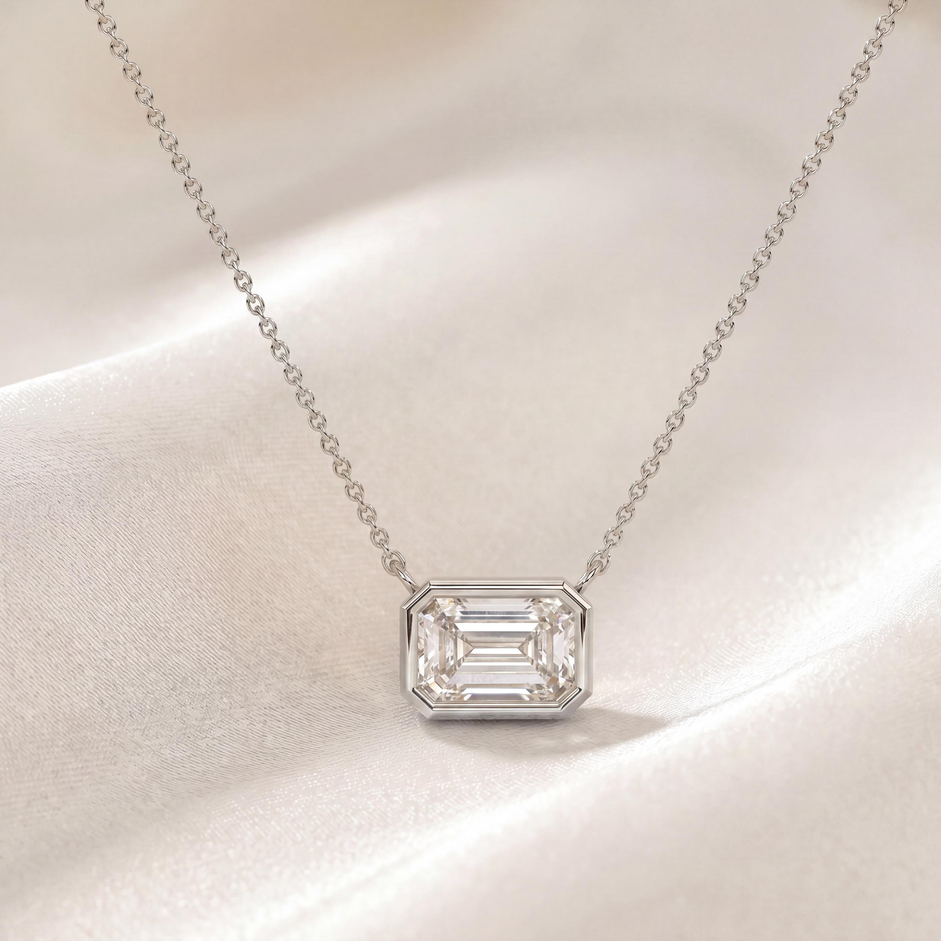 Emerald Cut Diamond Bezel Set Dainty Solitaire 14K Solid Gold Pendant Necklace