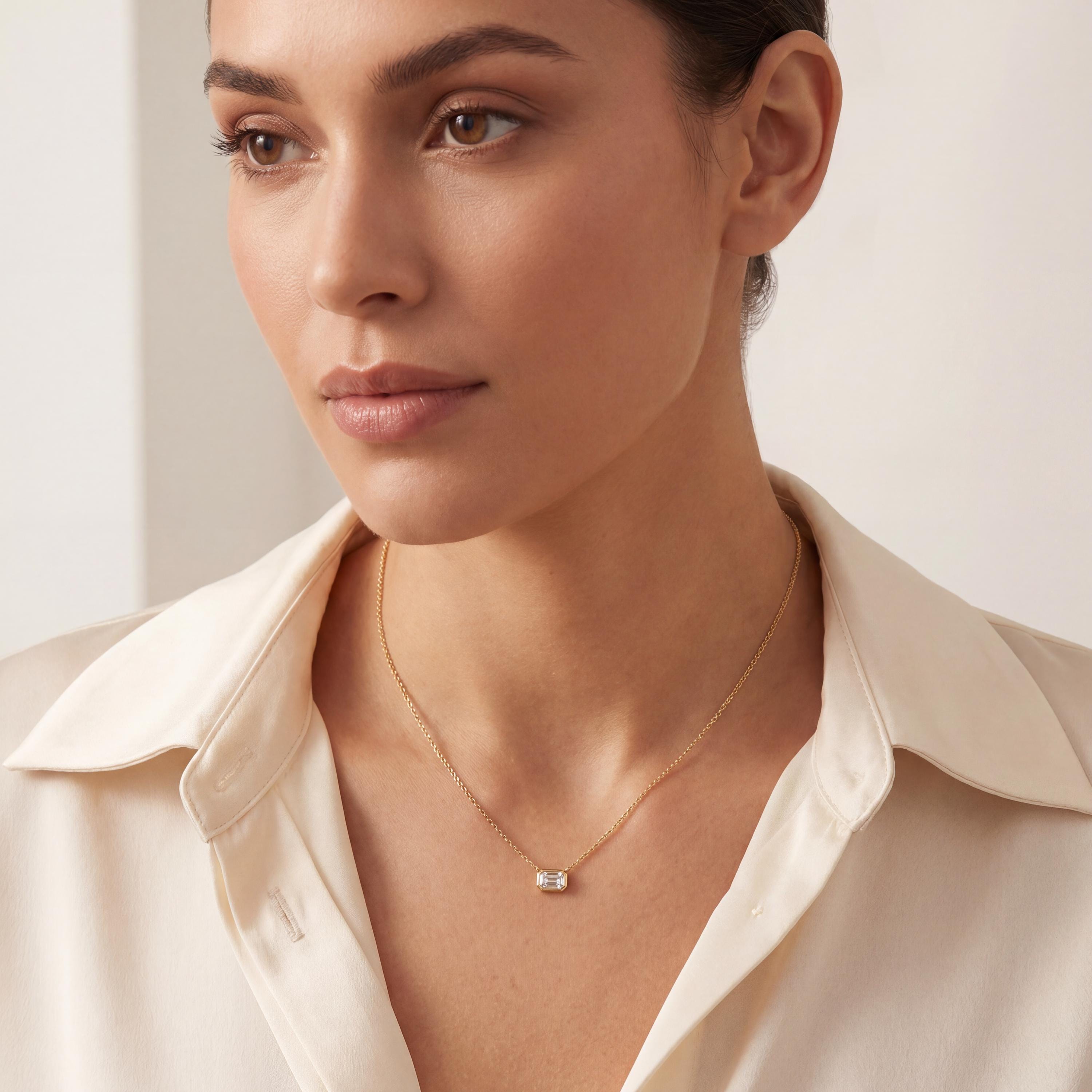 Emerald Cut Diamond Bezel Set Dainty Solitaire 14K Solid Gold Pendant Necklace