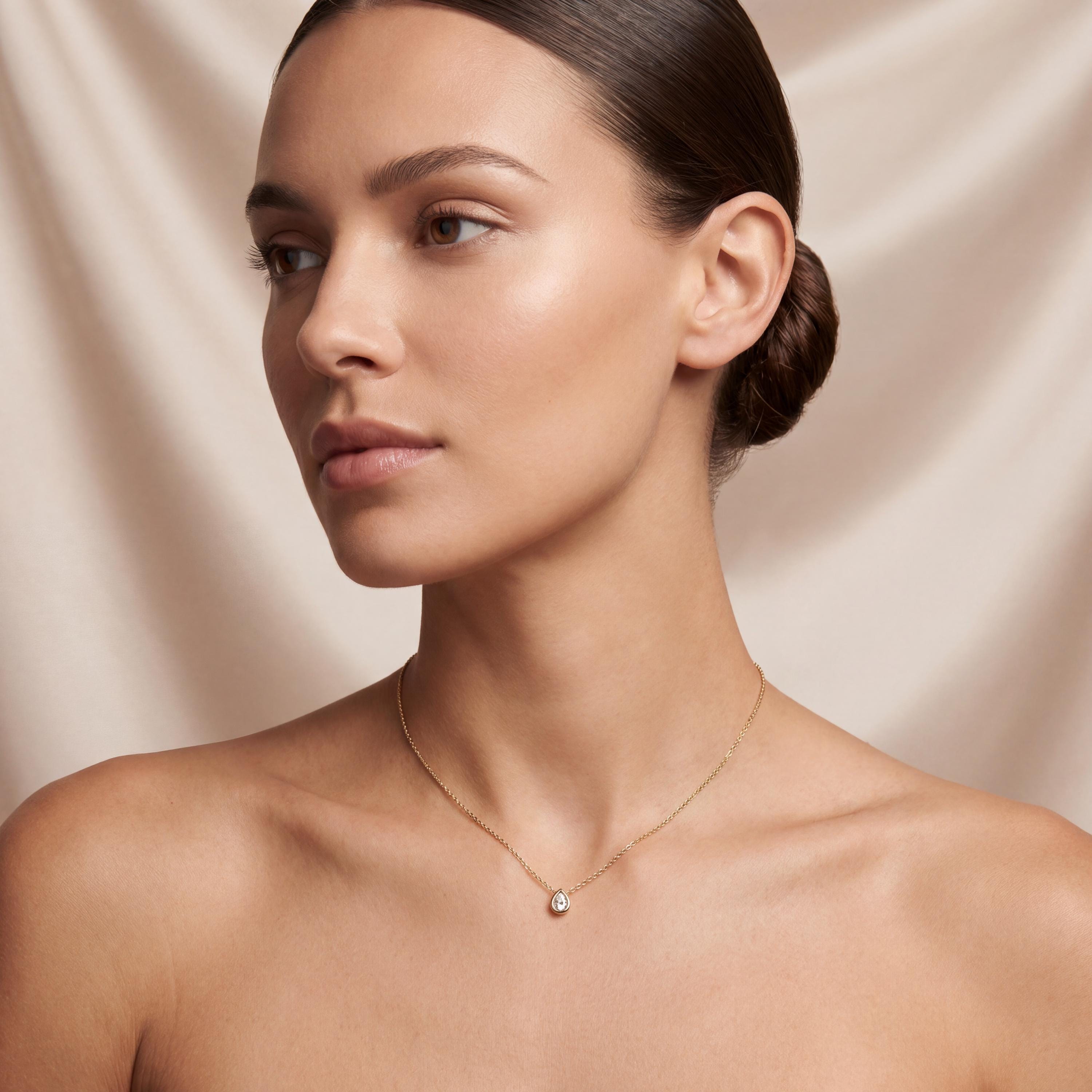 Pear Shape Diamond Bezel Set Dainty Solitaire 14K Solid Gold Pendant Necklace