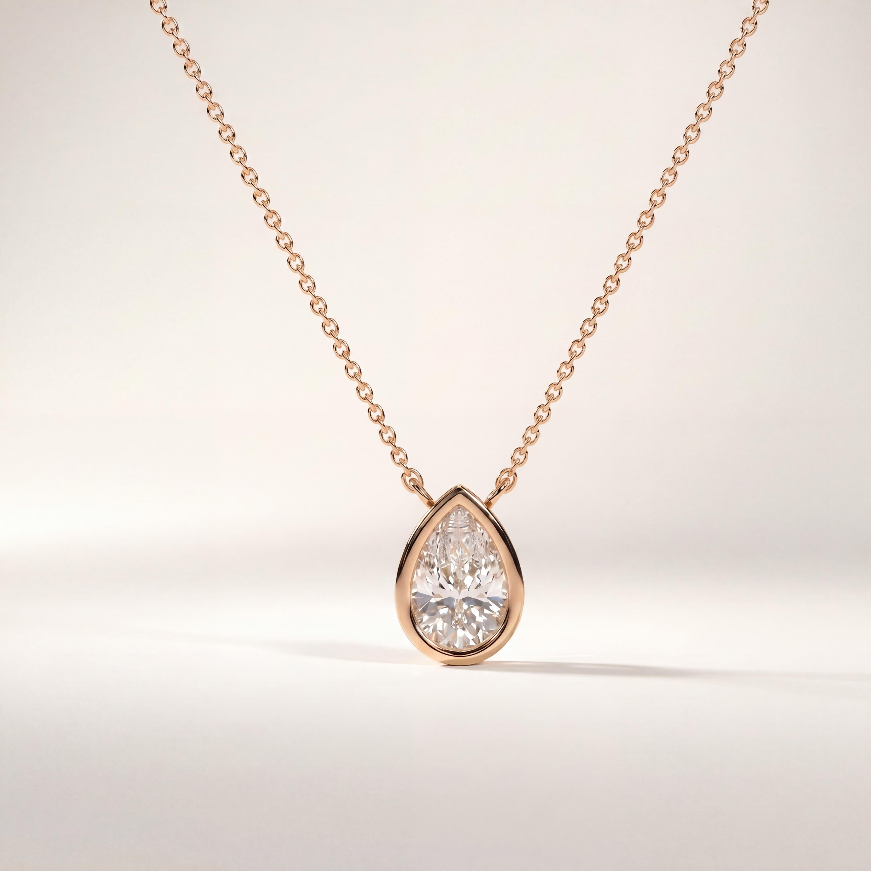 Pear Shape Diamond Bezel Set Dainty Solitaire 14K Solid Gold Pendant Necklace