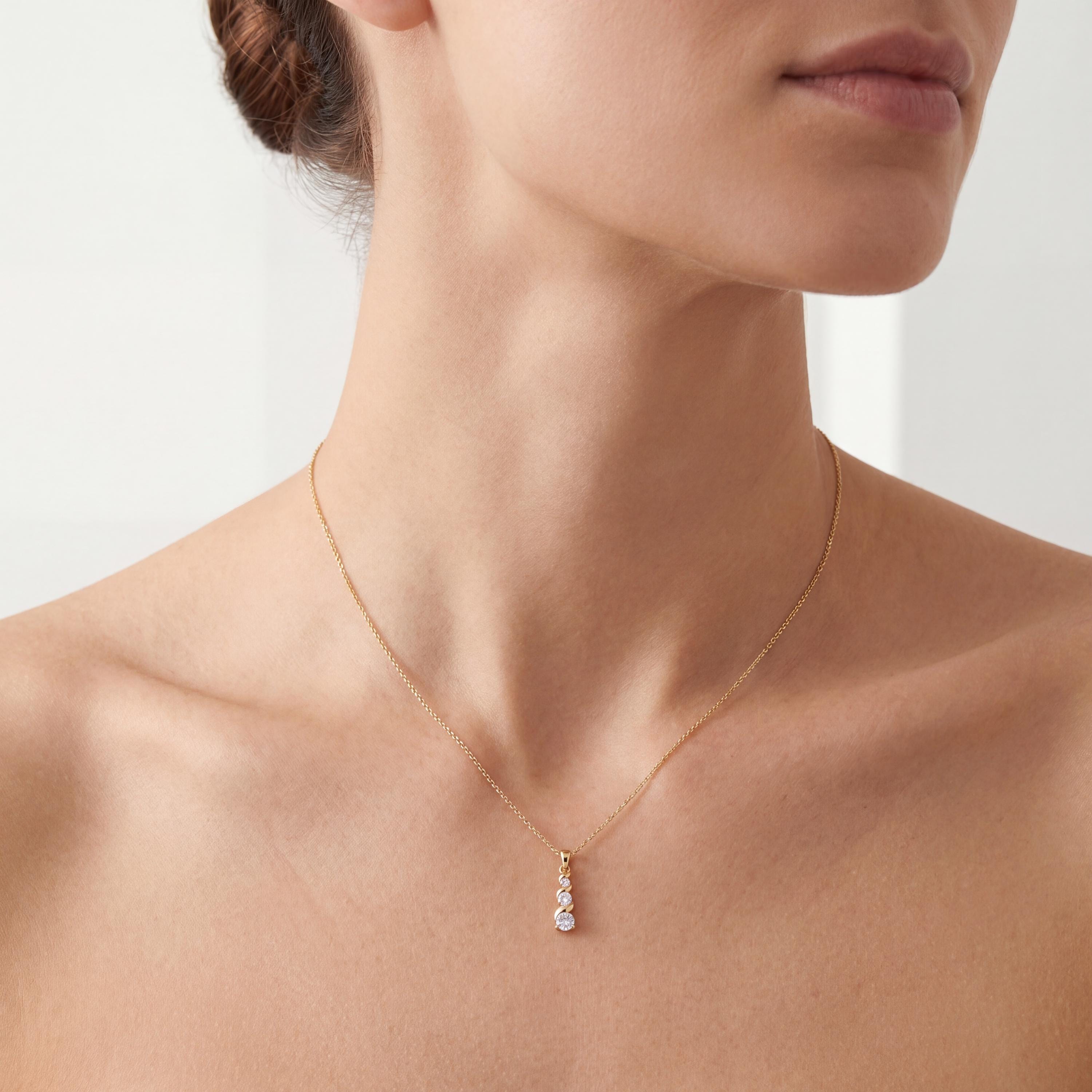 Round Diamond Three Stone Graduated Drop Necklace 14K Solid Gold Pendant