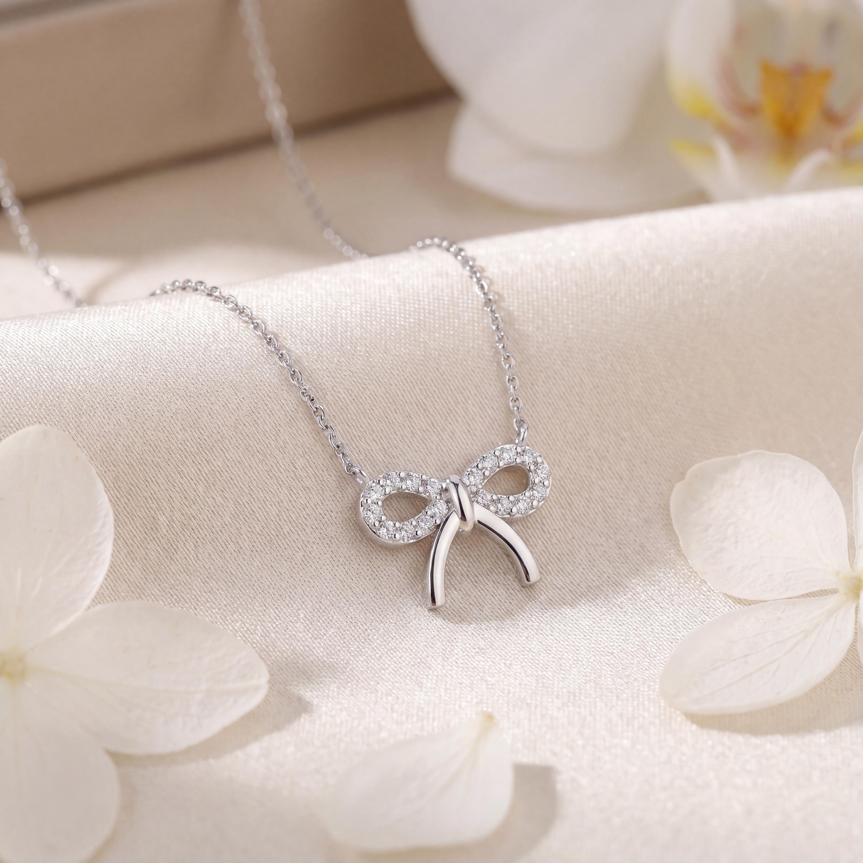 Round Pave Diamond Dainty Bow 14K Solid Gold Pendant Necklace