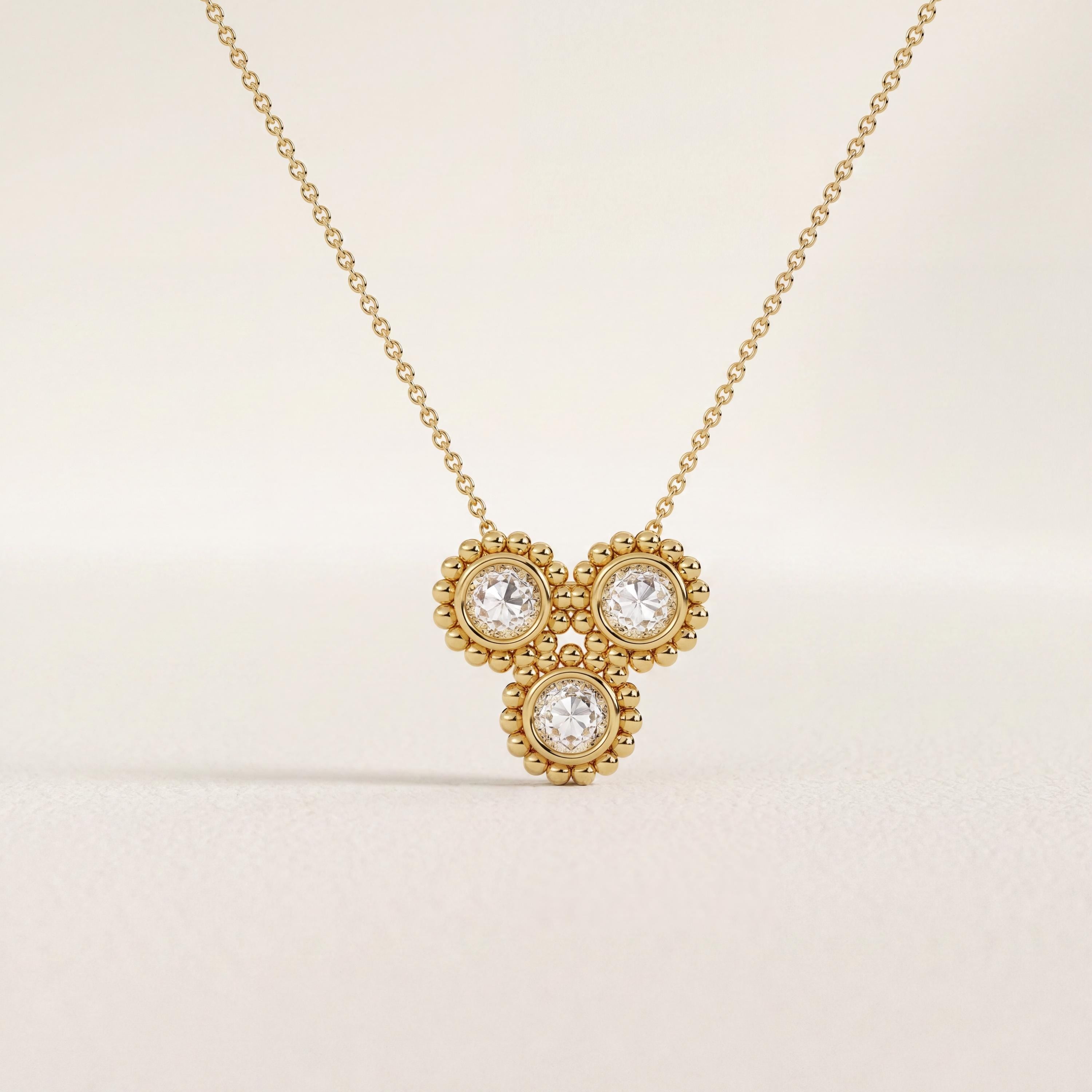 Round Diamond Three Stone Beaded Dainty Necklace 14K Solid Gold Pendant