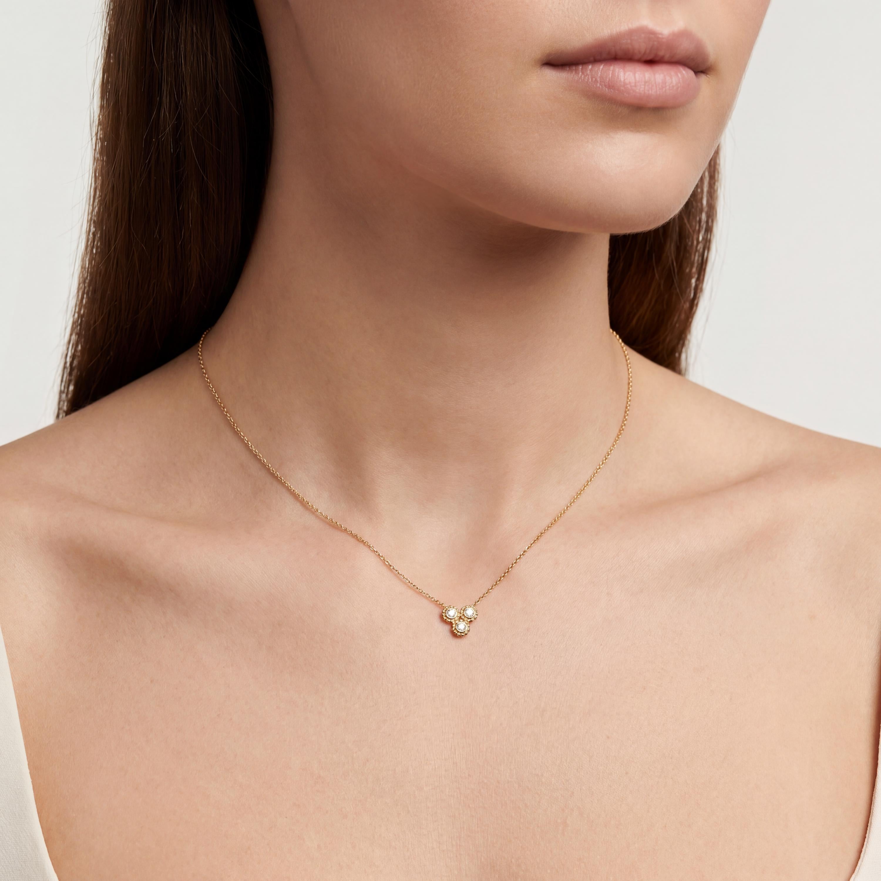 Round Diamond Three Stone Beaded Dainty Necklace 14K Solid Gold Pendant